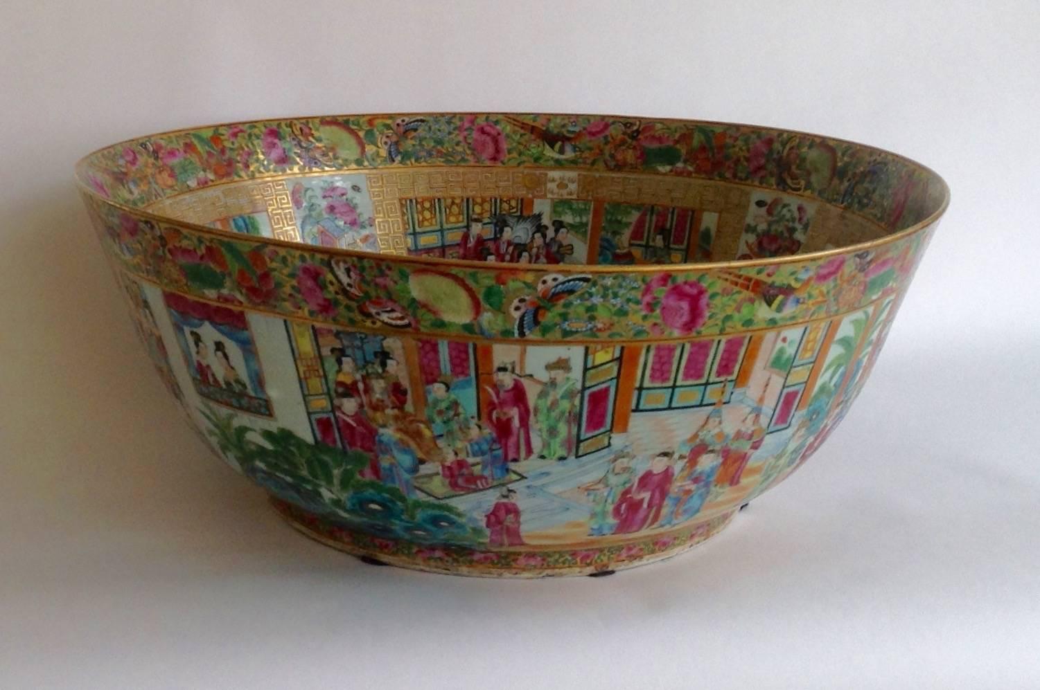19th Century Chinese Export Porcelain Massive Rose Mandarin Punch Bowl For Sale