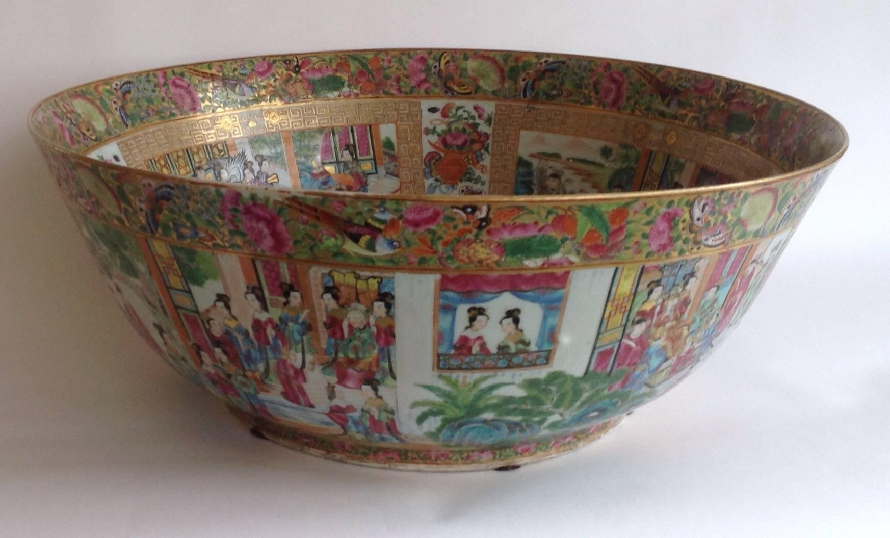 Enameled Chinese Export Porcelain Massive Rose Mandarin Punch Bowl For Sale