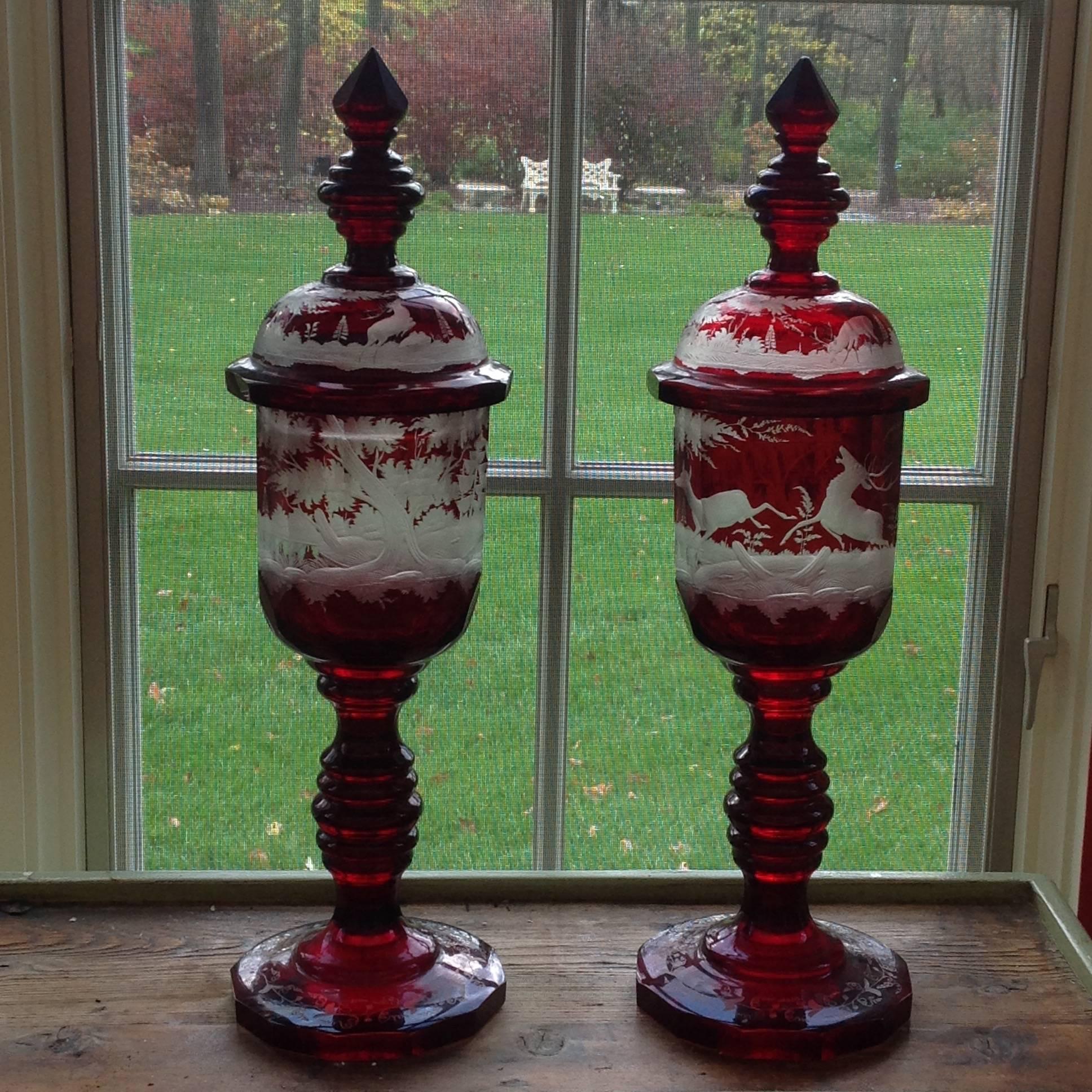 German Czech Bohemian Pair of Ruby-Stained Covered Goblets 1