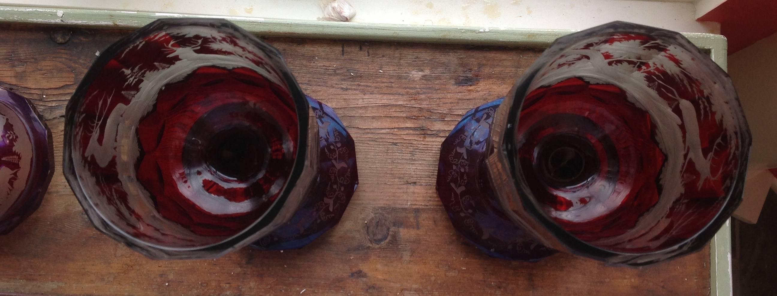 German Czech Bohemian Pair of Ruby-Stained Covered Goblets In Good Condition In Brooklyn, NY