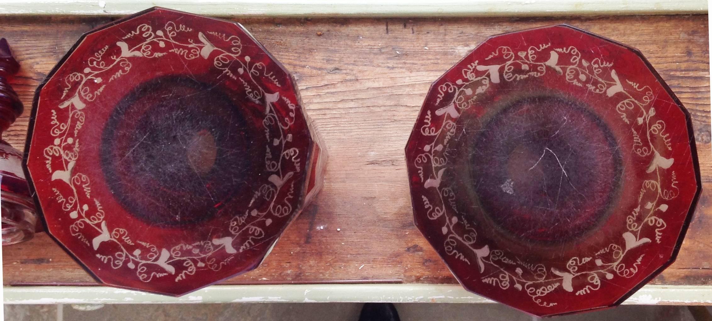 Glass German Czech Bohemian Pair of Ruby-Stained Covered Goblets