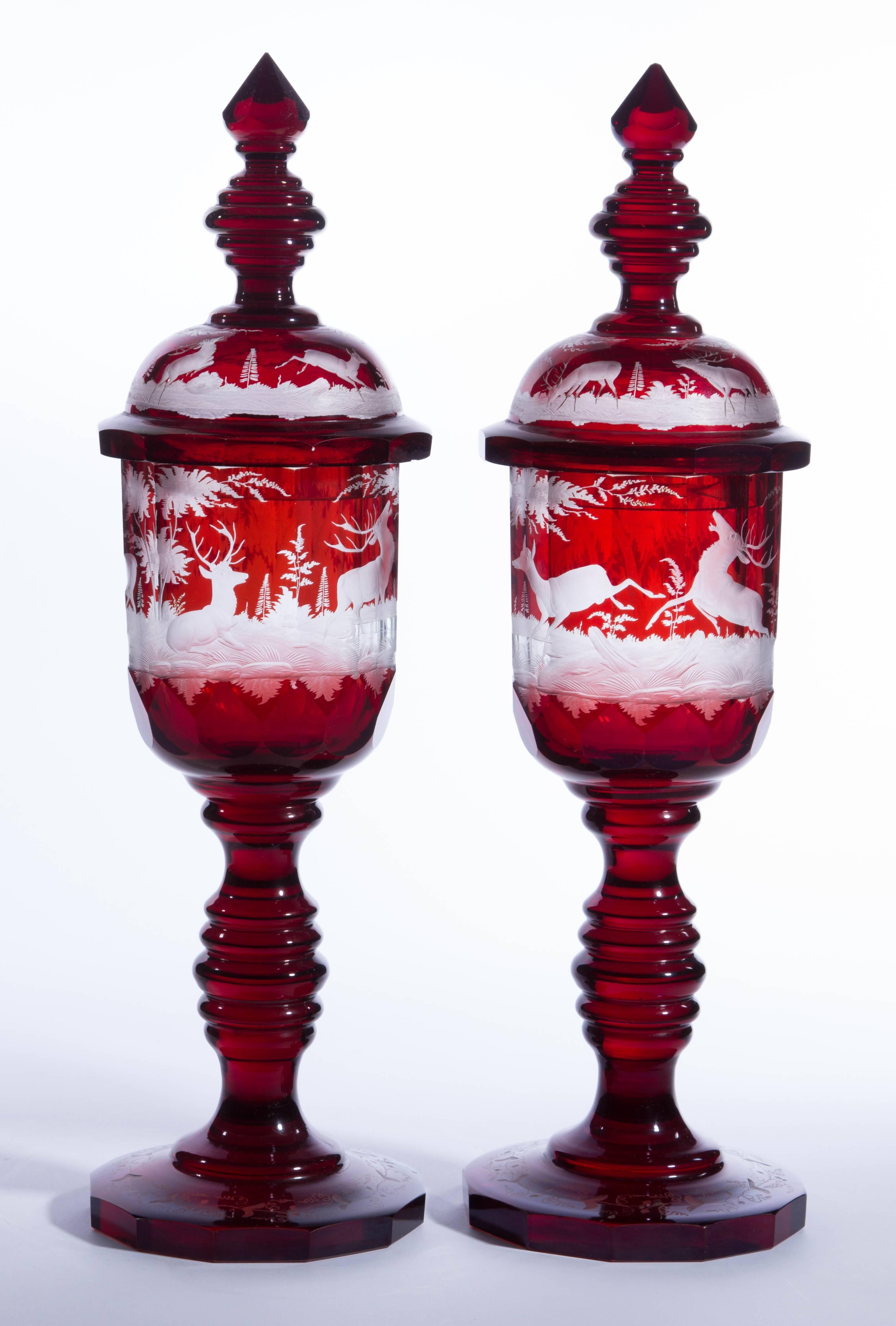 German Czech Bohemian Pair of Ruby-Stained Covered Goblets 2
