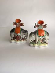 English Staffordshire Pottery Near Pair of Elephant Spill Vases