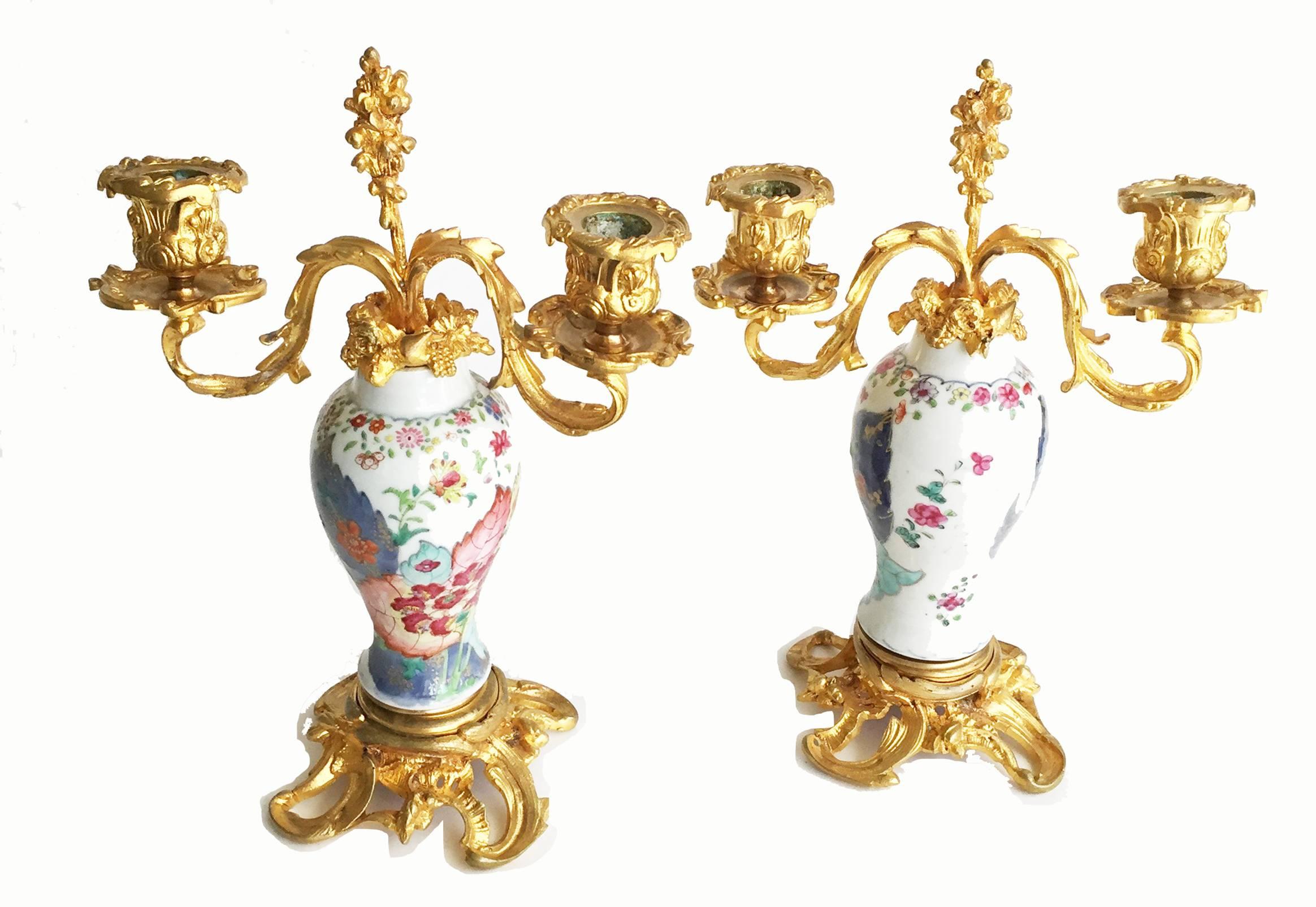 Rococo Chinese Export Porcelain and Ormolu-Mounted Two-Arm Candelabra For Sale