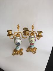 Chinese Export Porcelain and Ormolu-Mounted Two-Arm Candelabra