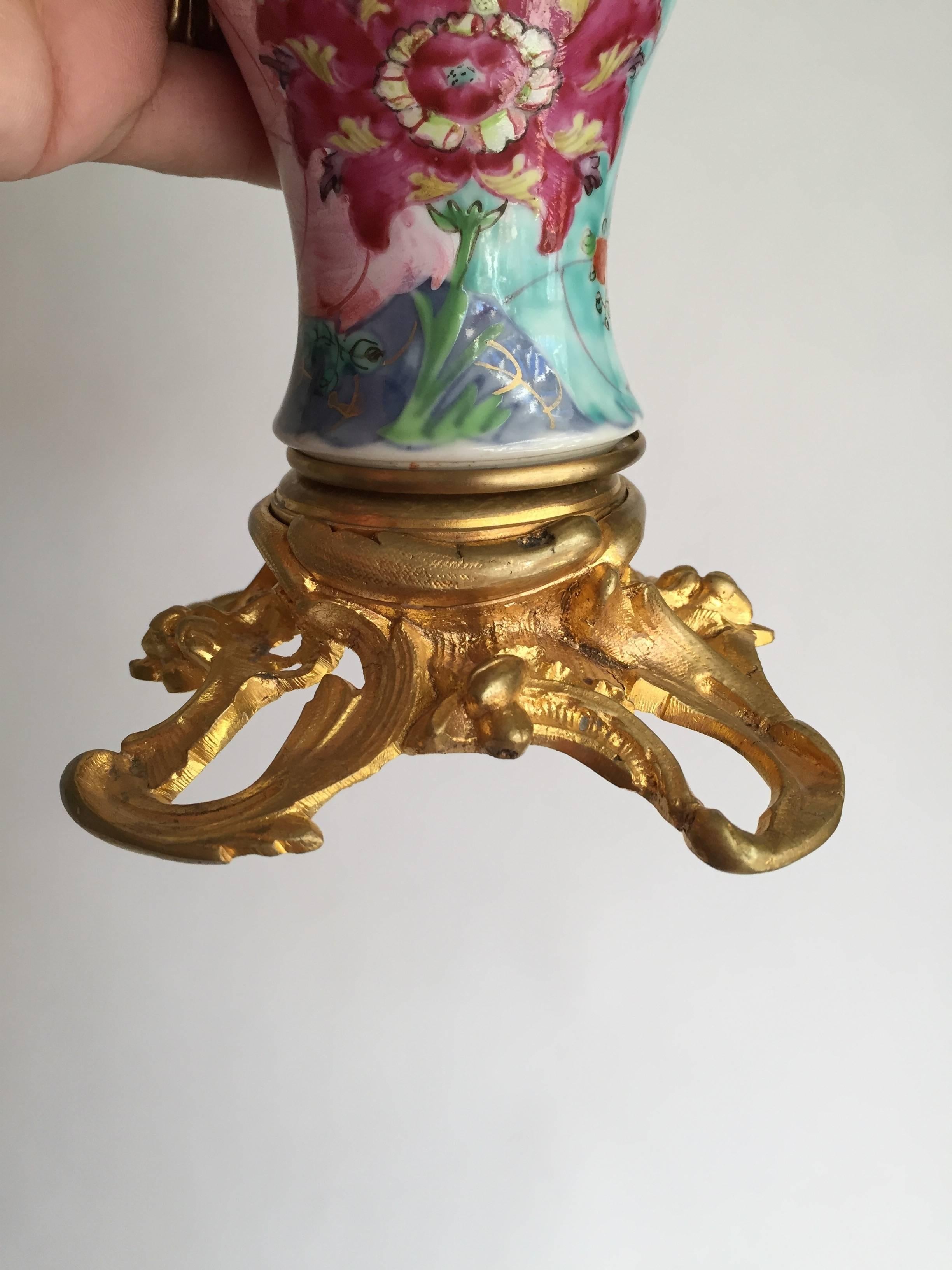 18th Century Chinese Export Porcelain and Ormolu-Mounted Two-Arm Candelabra For Sale