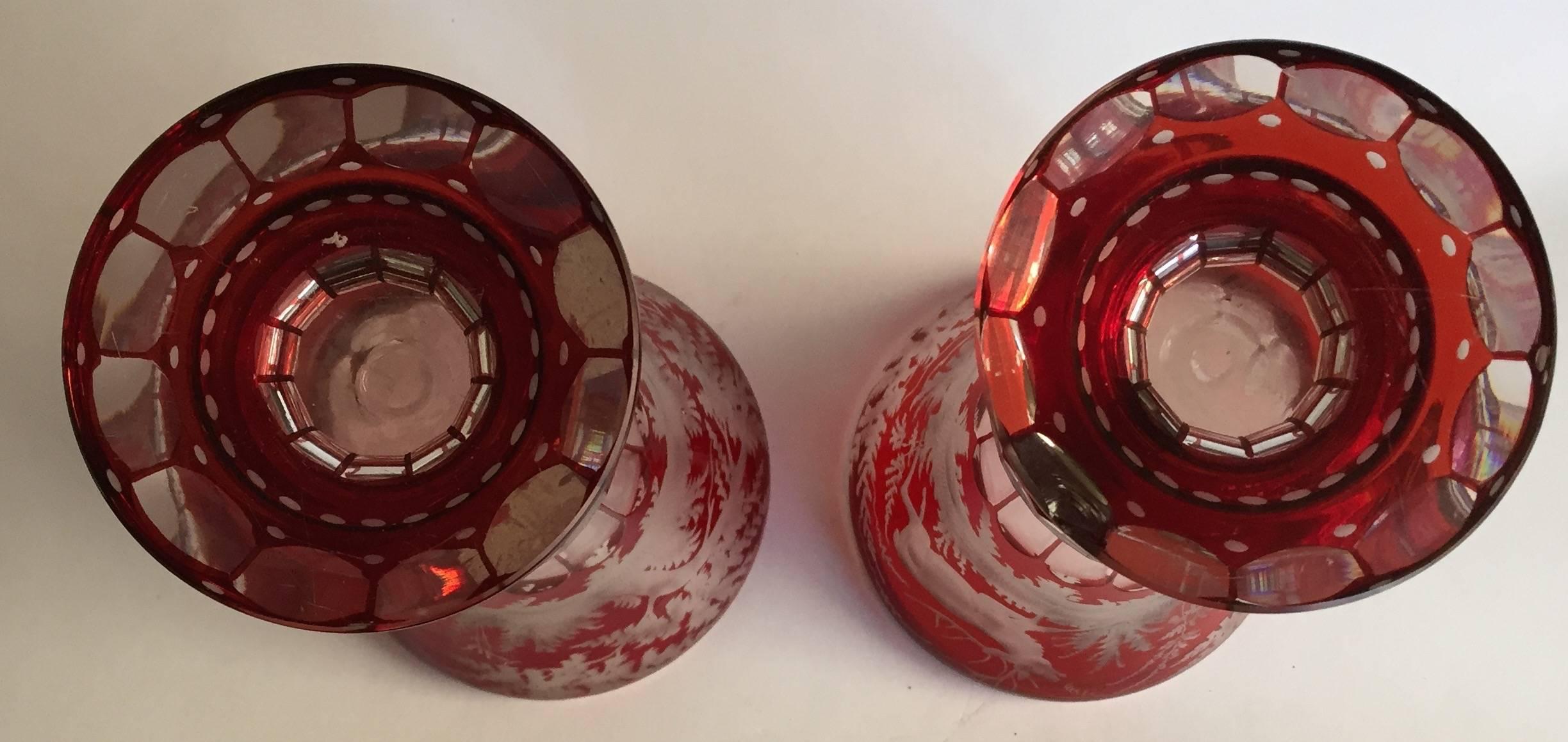 Baroque Revival German-Czech Bohemian Pair of Ruby Red and Clear Glass Mantel Vases For Sale