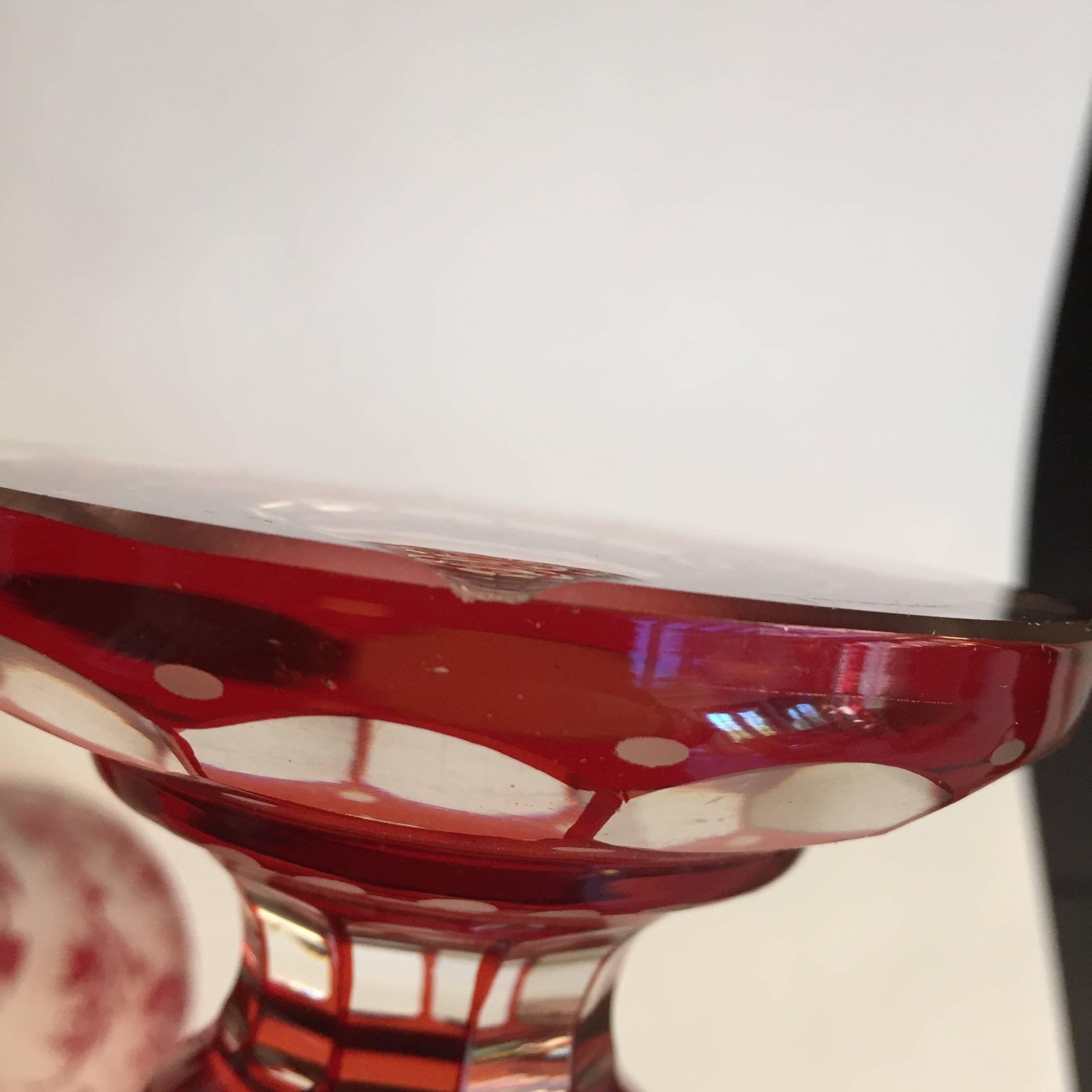 Etched German-Czech Bohemian Pair of Ruby Red and Clear Glass Mantel Vases For Sale