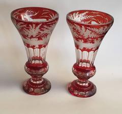 German-Czech Bohemian Pair of Ruby Red and Clear Glass Mantel Vases
