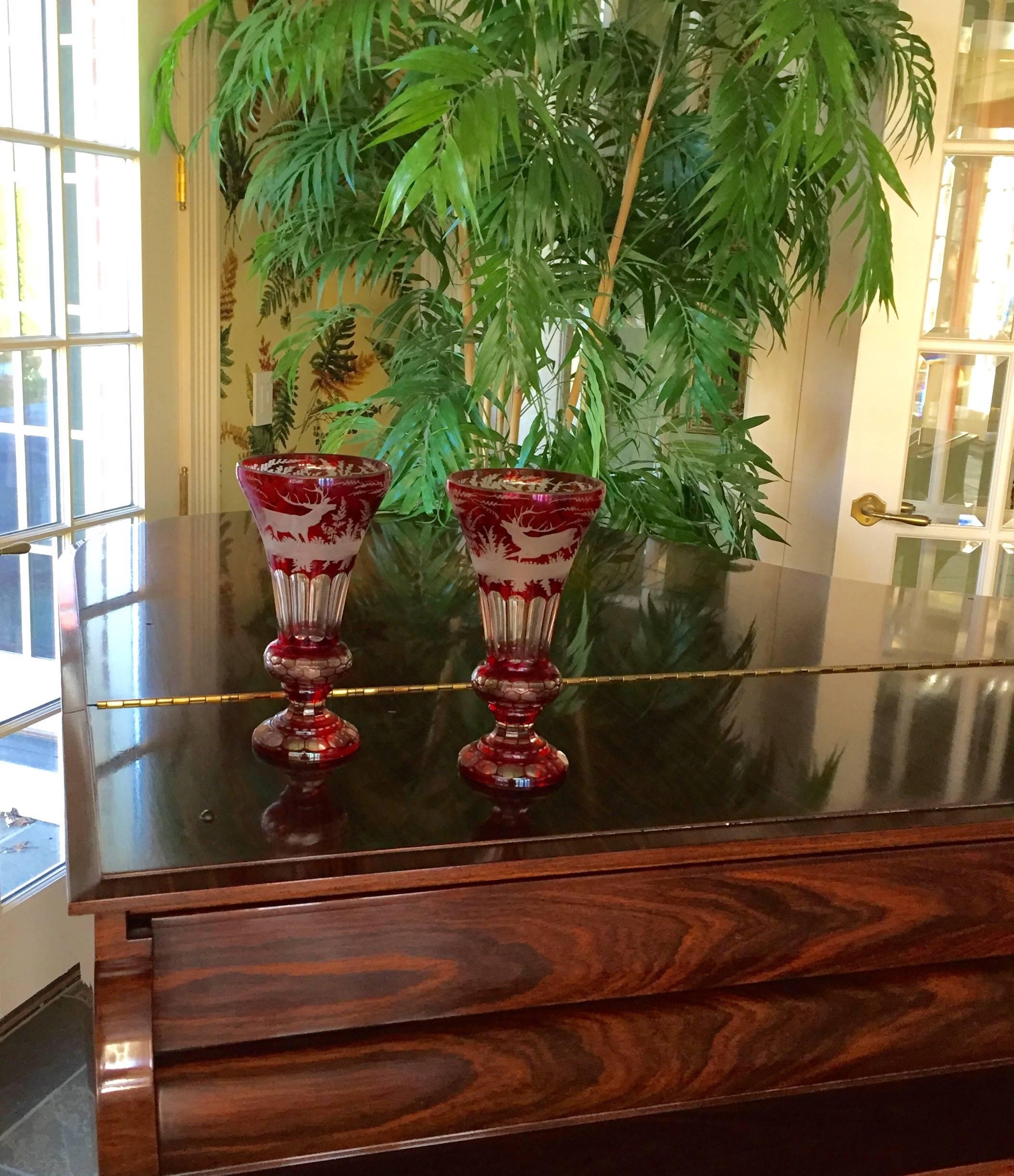 19th Century German-Czech Bohemian Pair of Ruby Red and Clear Glass Mantel Vases For Sale