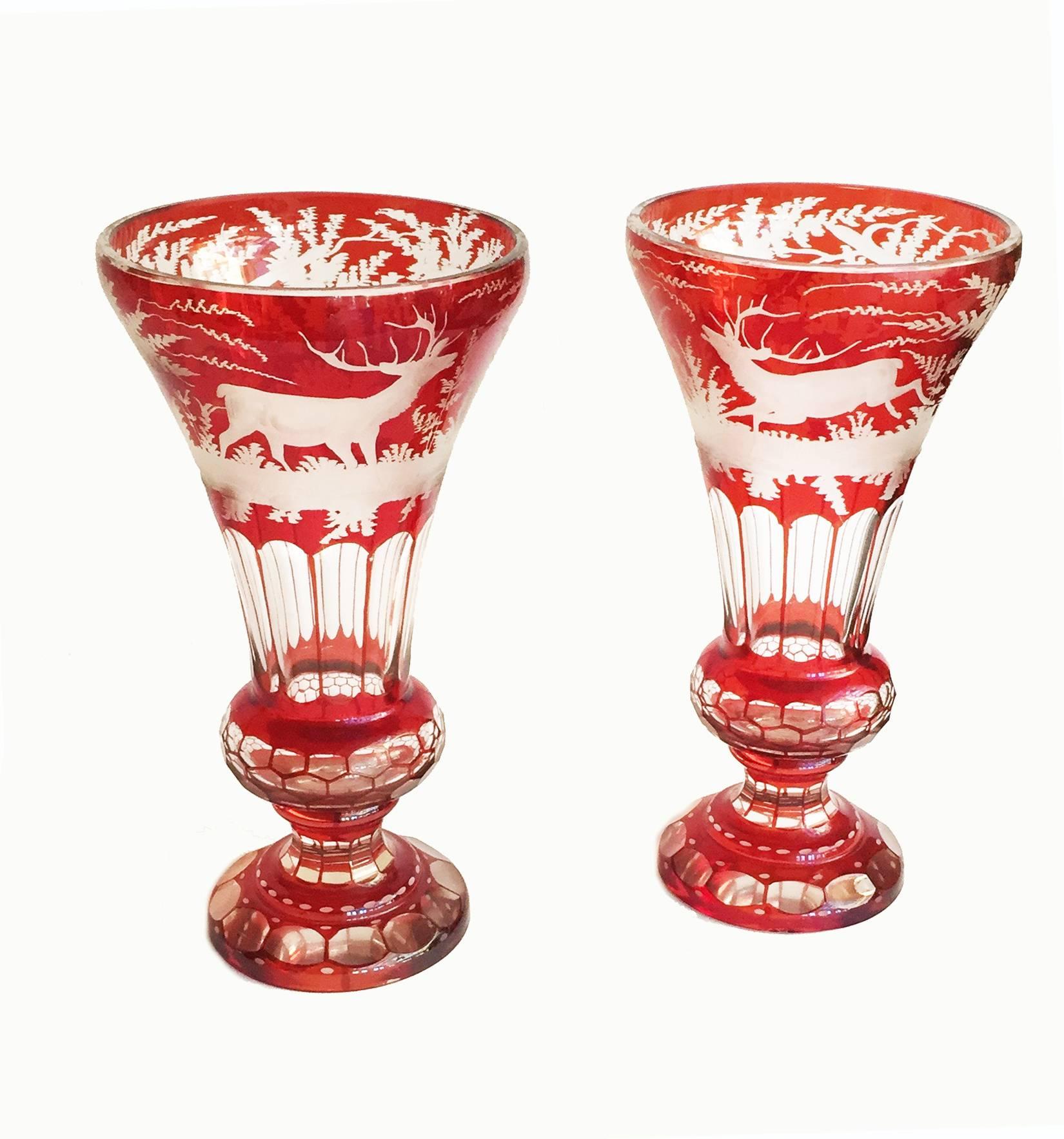German-Czech Bohemian Pair of Ruby Red and Clear Glass Mantel Vases In Good Condition For Sale In Brooklyn, NY