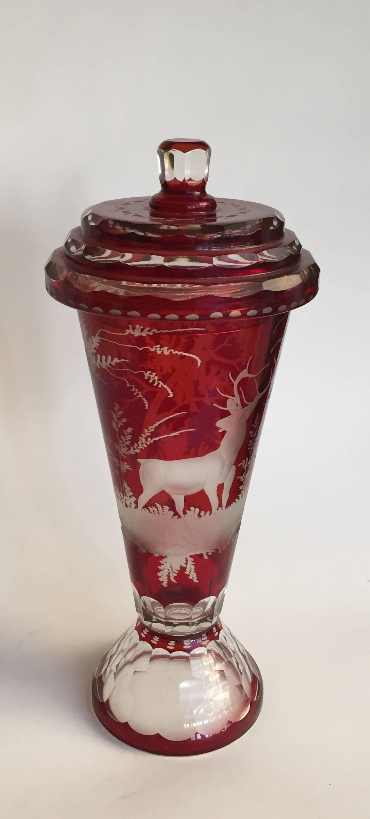 19th Century German Czech Bohemian Ruby-Stained and Clear Glass Vase and Cover For Sale
