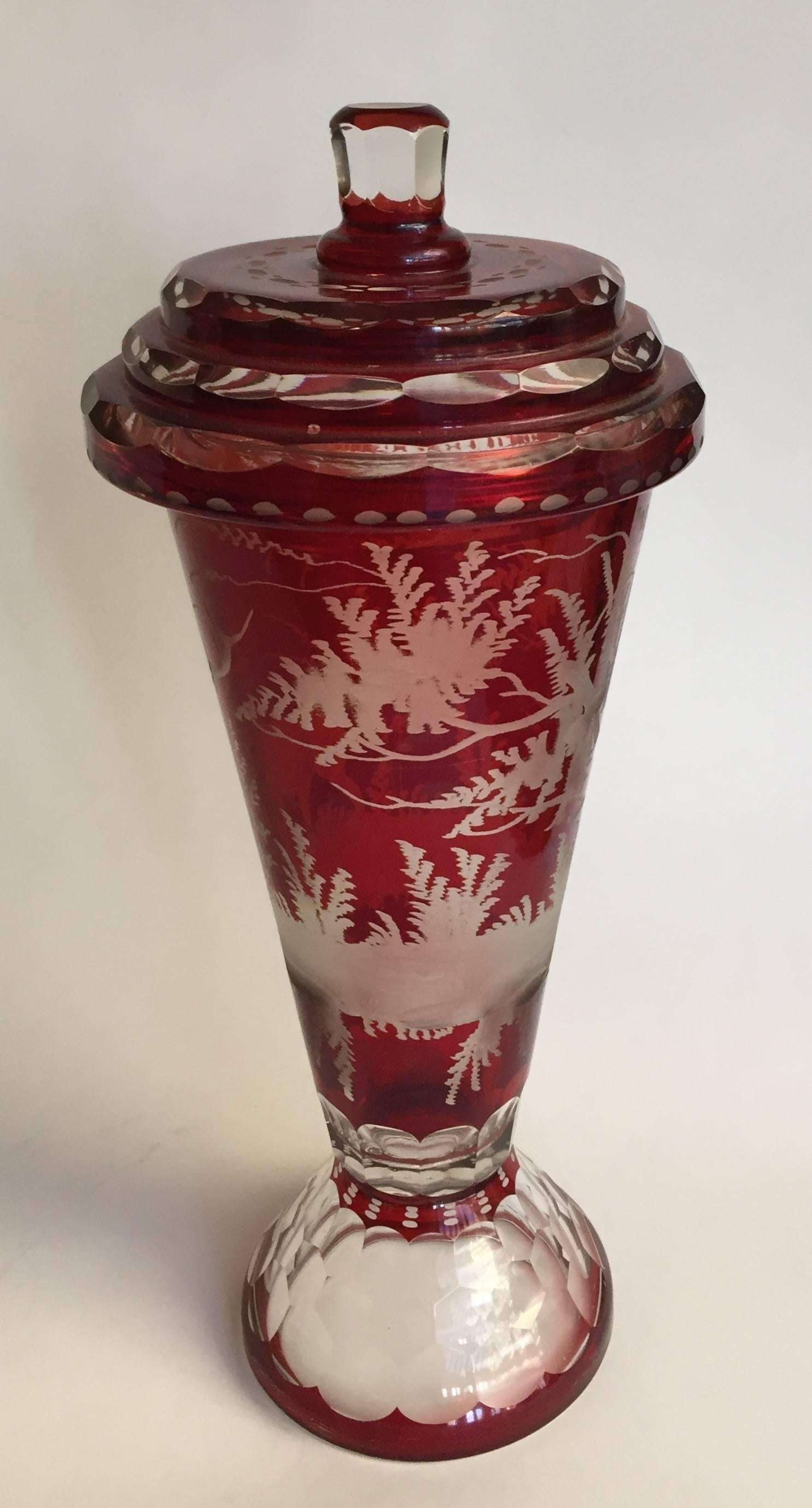 German Czech Bohemian Ruby-Stained and Clear Glass Vase and Cover In Good Condition For Sale In Brooklyn, NY