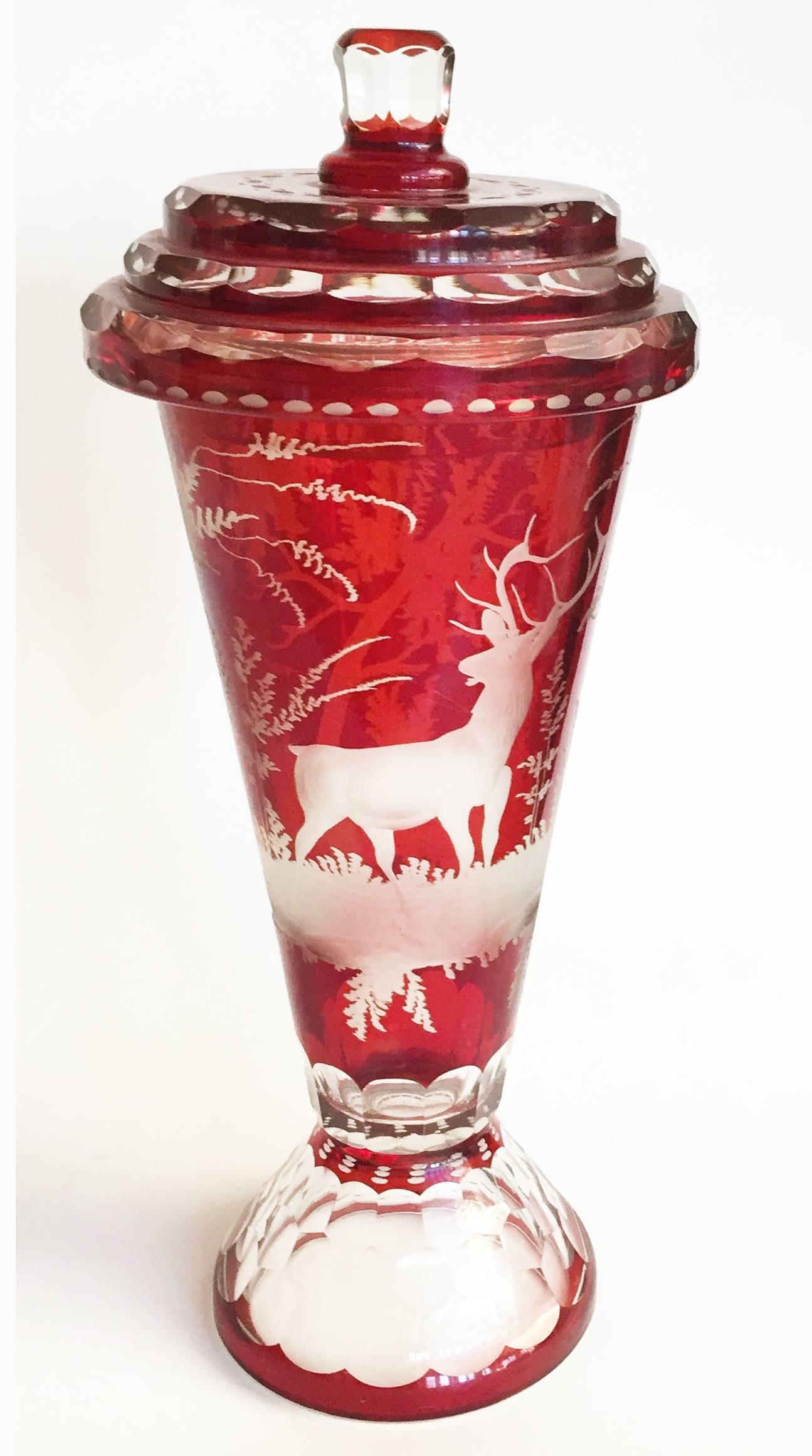 German Czech Bohemian Ruby-Stained and Clear Glass Vase and Cover For Sale 2