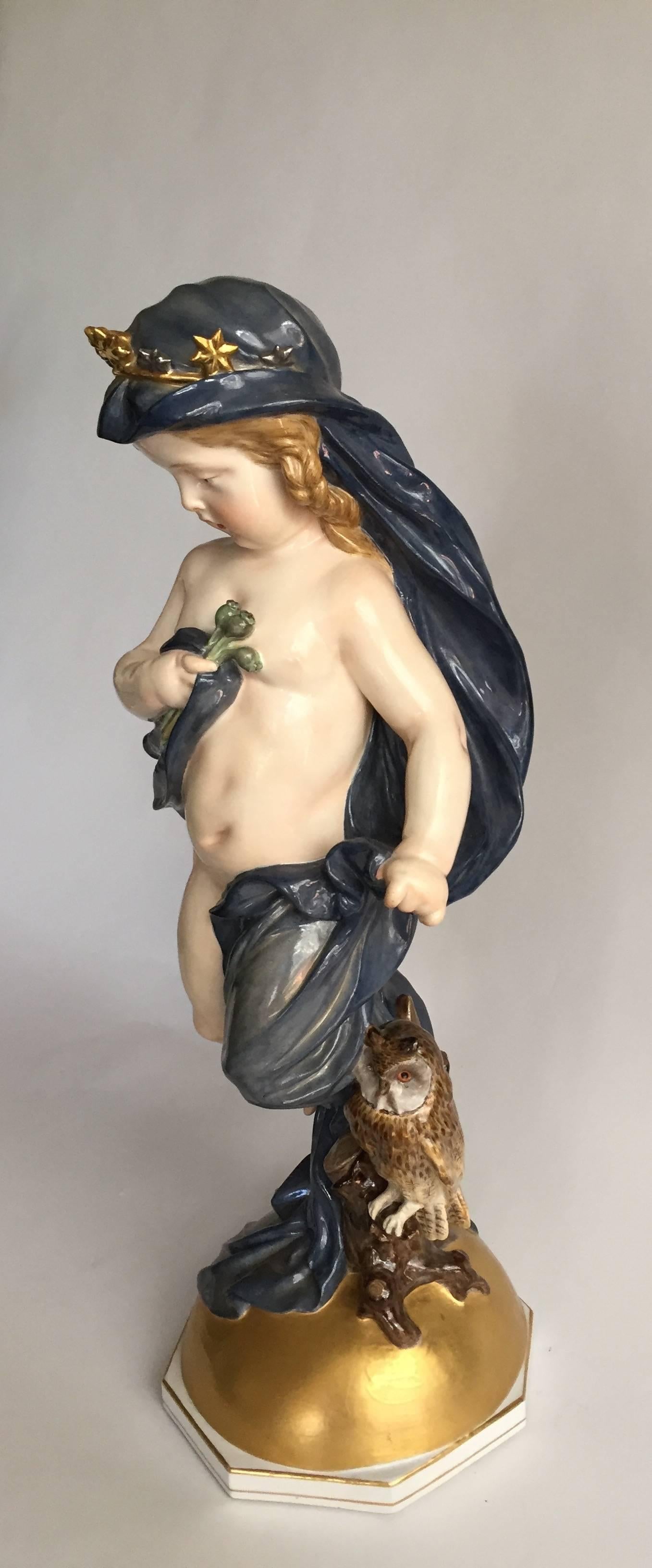 Enameled German Meissen Porcelain, Pair of Figures of Putti Emblematic of Night and Day