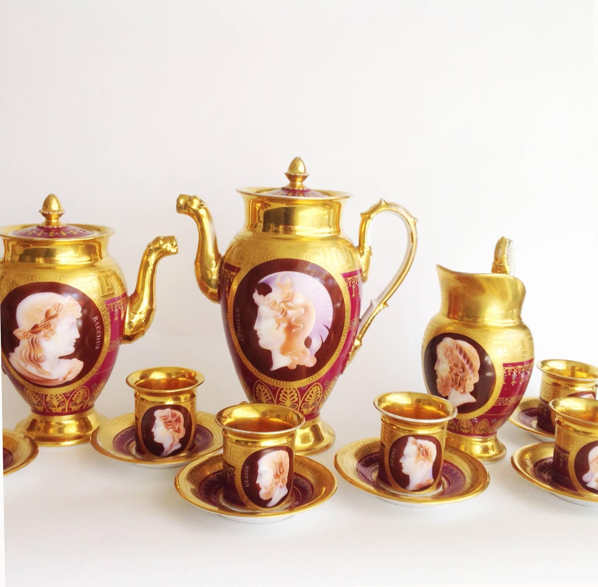 French, Schoelcher Paris porcelain coffee service, comprising a coffeepot, hot water pot, creamer, sugar and eight cups and saucers, all of gold grounds decorated with matte gilt Greek key motif, centering a finely painted silhouette of a Greek god