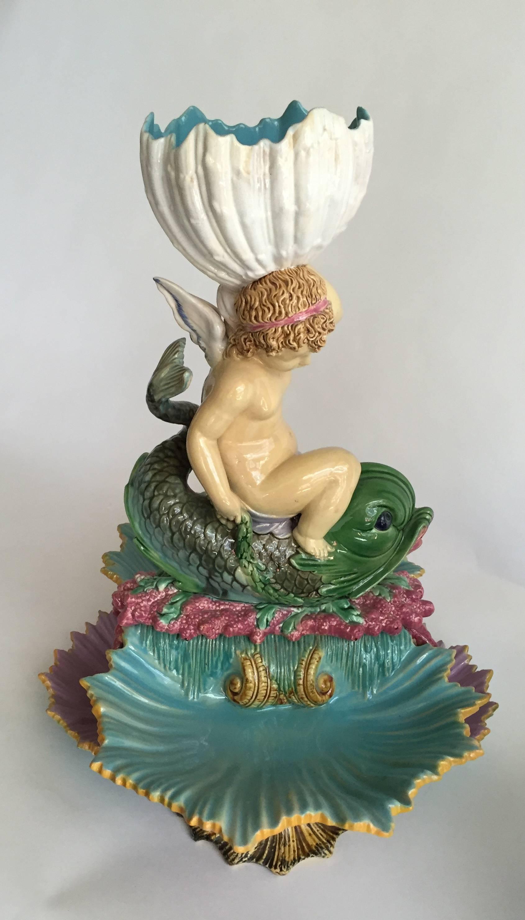 Late Victorian English Victorian George Jones Majolica Centerpiece, Turquoise Shell For Sale