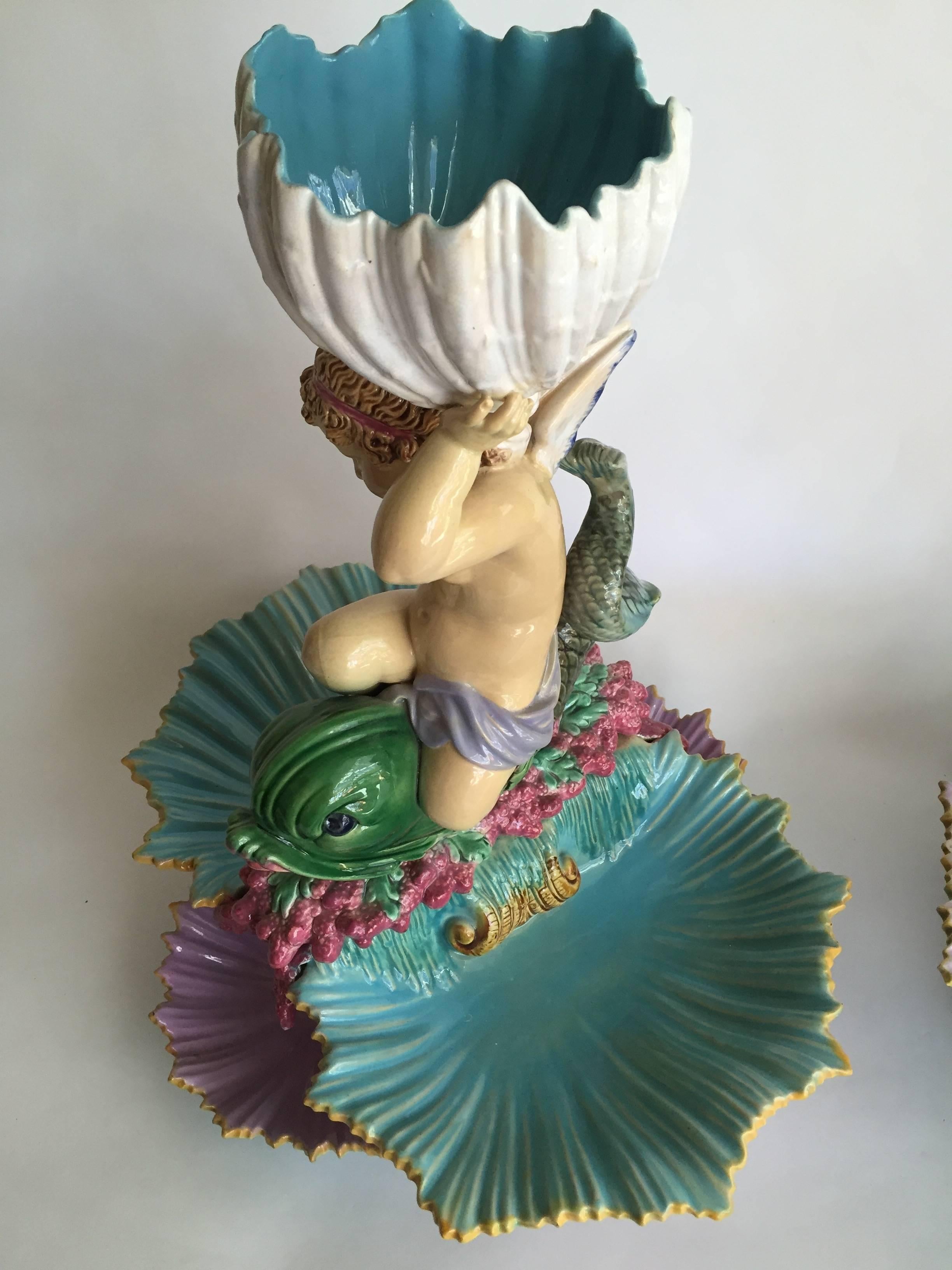 Enameled English Victorian George Jones Majolica Centerpiece, Turquoise Shell For Sale