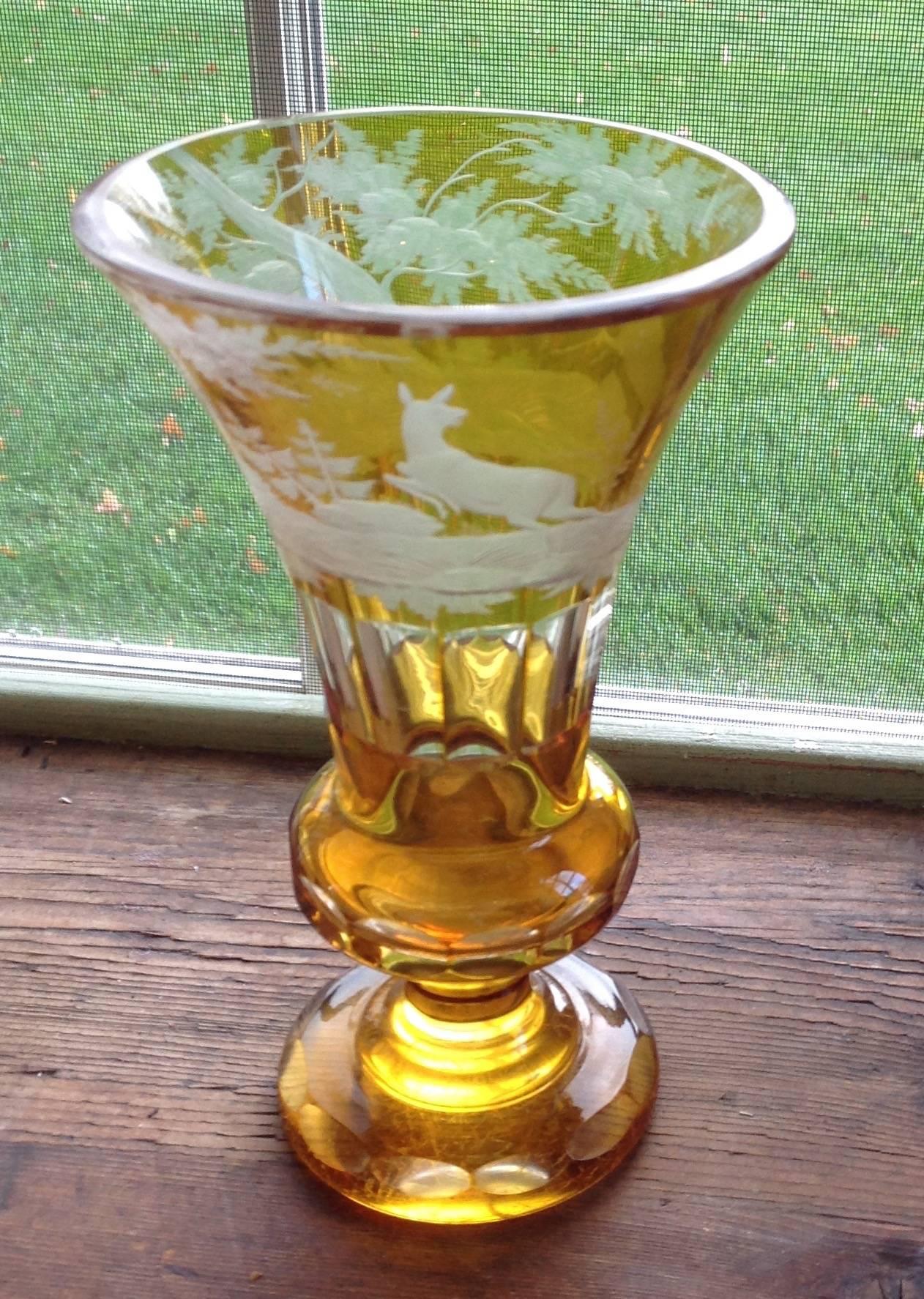 Etched Antique Bohemian Amber Glass Conical Vase, 19th Century