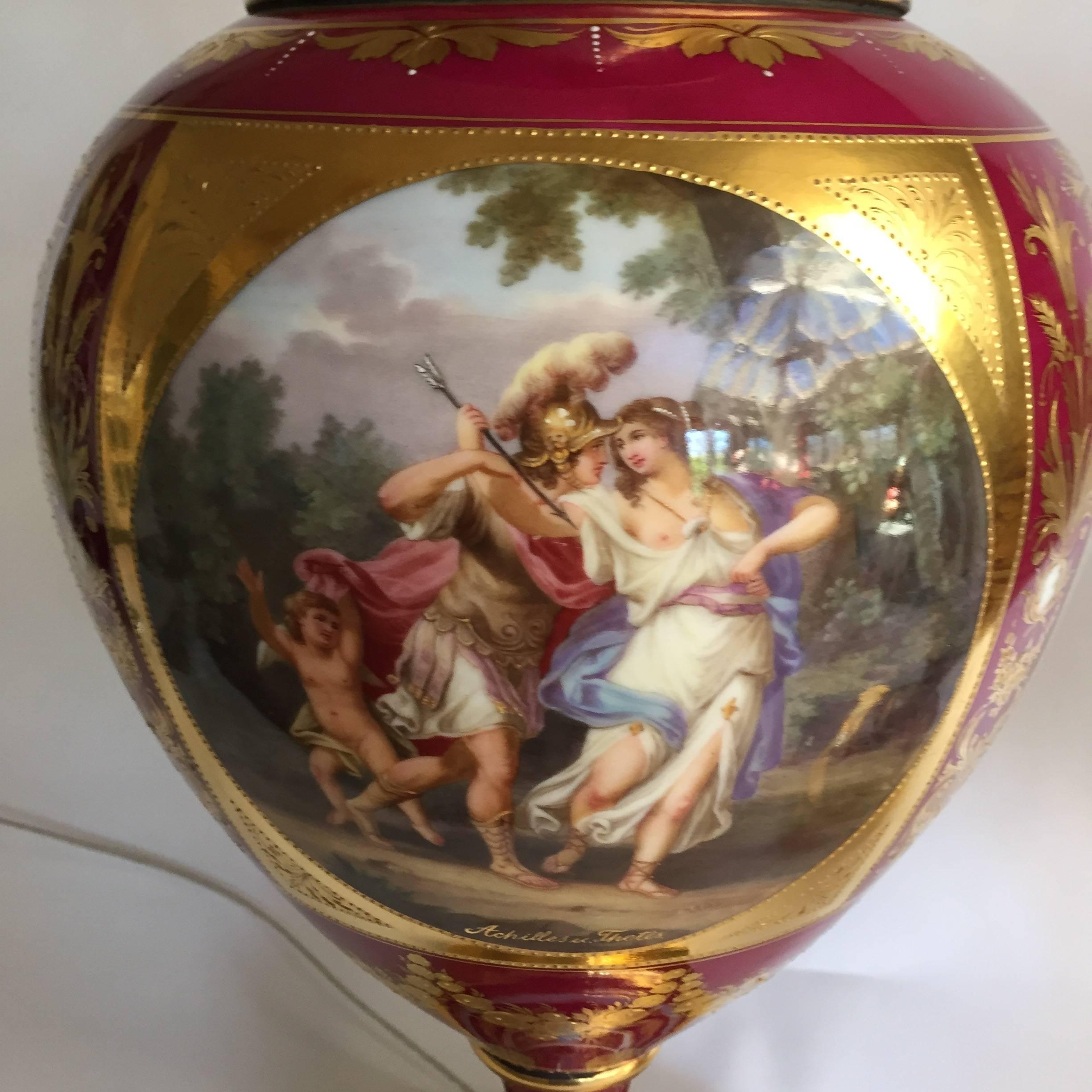 Grand Tour Fine Pair of German Porcelain Vienna Cabinet Vases, Now Lamped For Sale