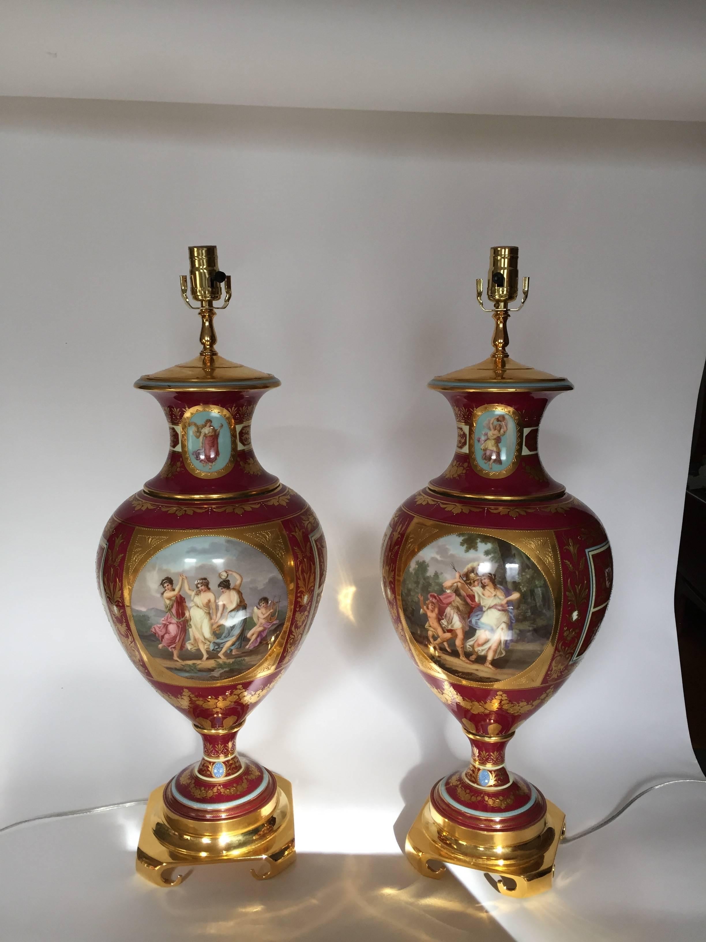 19th Century Fine Pair of German Porcelain Vienna Cabinet Vases, Now Lamped For Sale