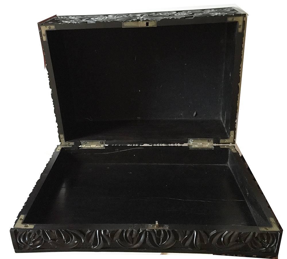 Antique Victorian Solid Ebony Carved Anglo-Indian Rectangular Box In Good Condition In Brooklyn, NY