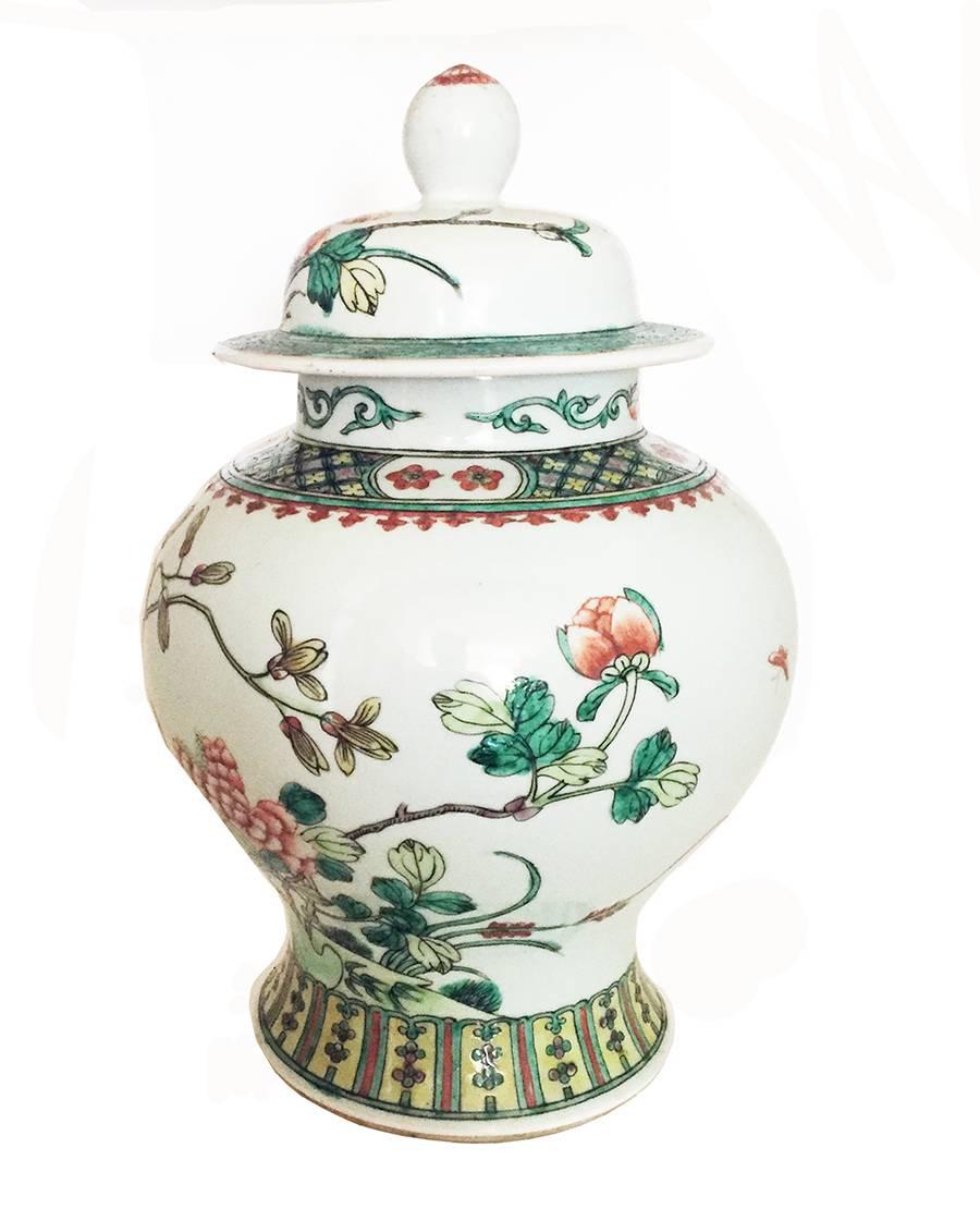 Chinese Export Samson Porcelain Famille Verte Wucai Pair of Jars and Covers For Sale