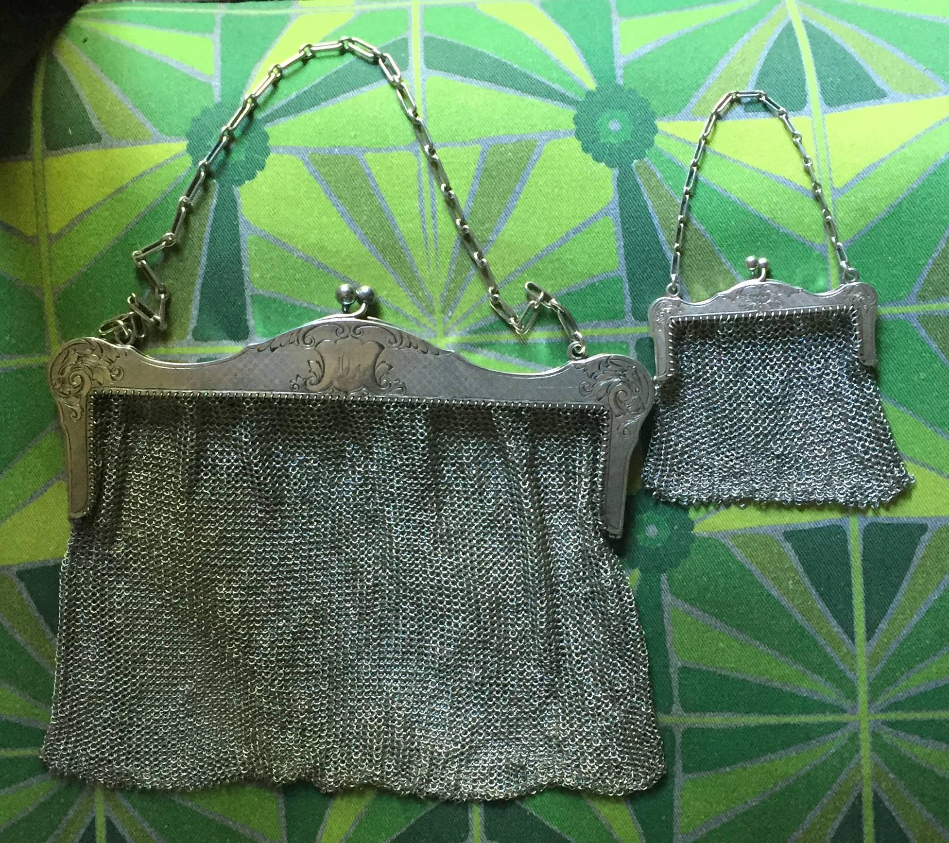 Rococo American Art Nouveau Sterling Silver and Steel Mesh Purse and Coin Purse For Sale