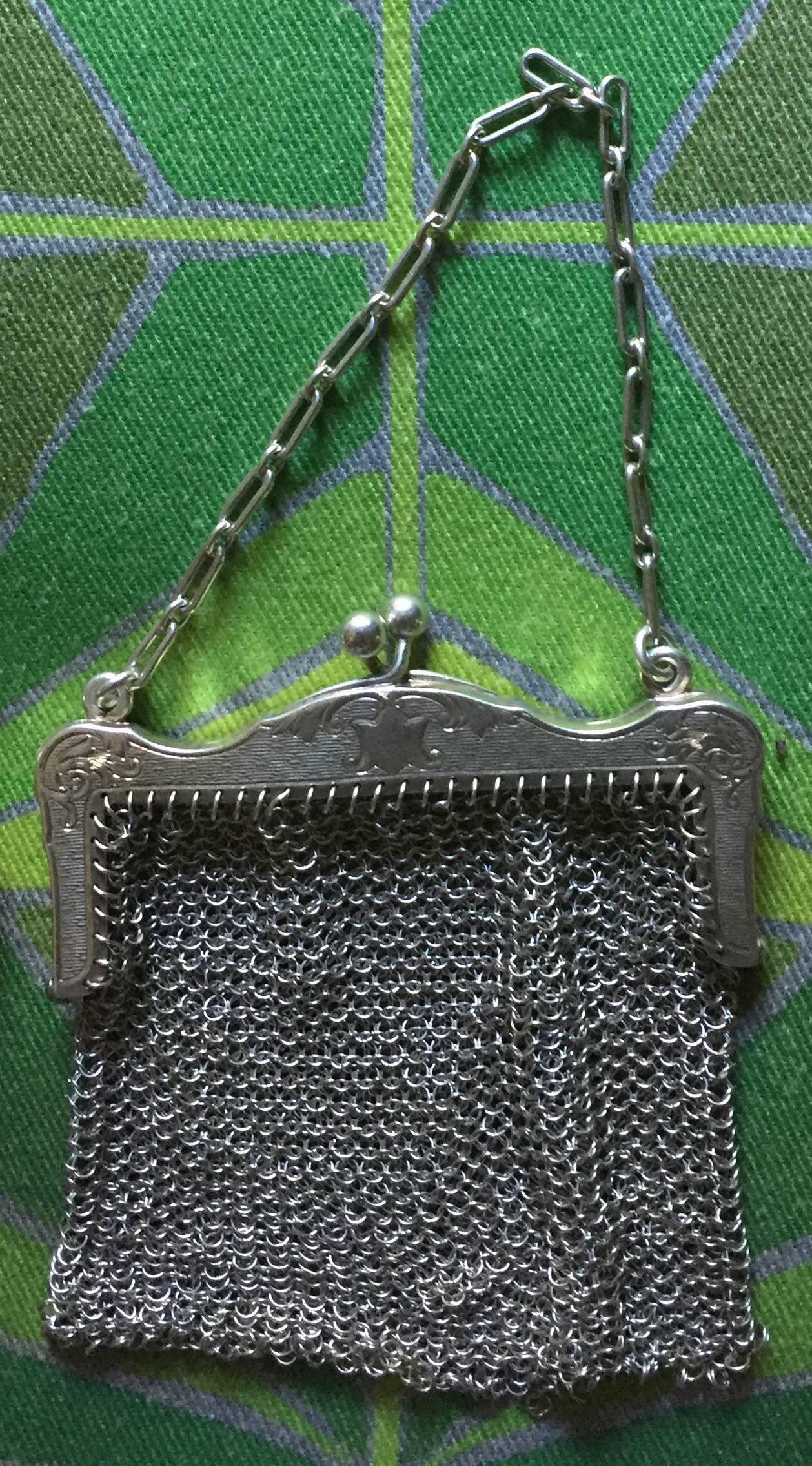Engraved American Art Nouveau Sterling Silver and Steel Mesh Purse and Coin Purse For Sale
