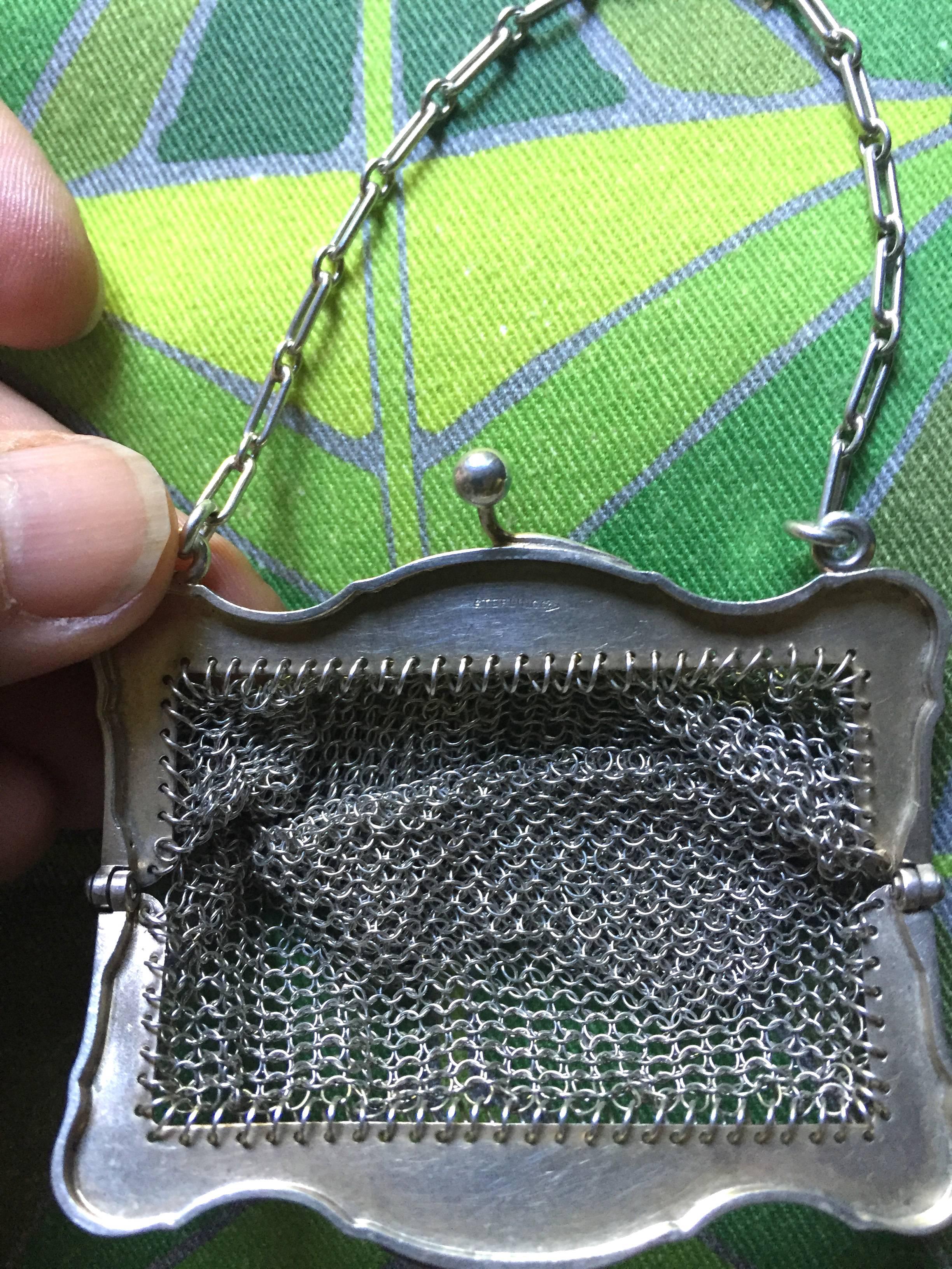 American Art Nouveau Sterling Silver and Steel Mesh Purse and Coin Purse In Excellent Condition For Sale In Brooklyn, NY