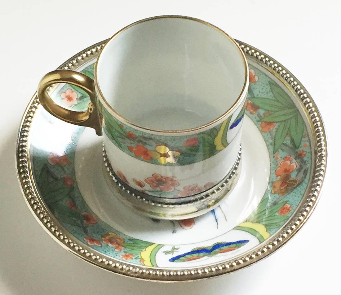 Hand-Painted French Silver Mounted Porcelain Kakiemon-Painted Cups and Saucer Sets