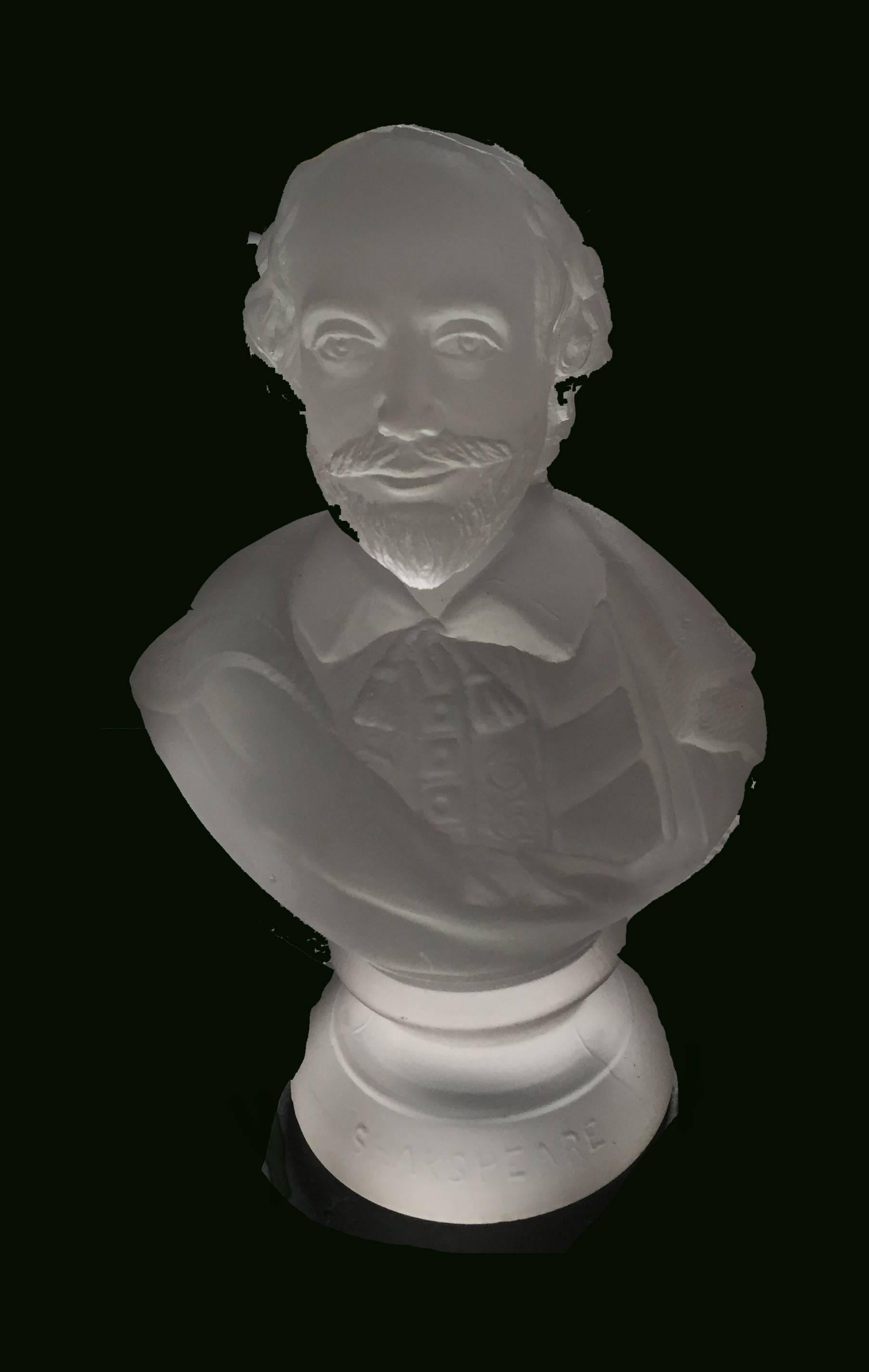 American Philadelphia Centennial frosted colorless pressed and acid-etched glass bust of William Shakespeare by Gillinder Glass Works, Philadelphia.

Embossed 