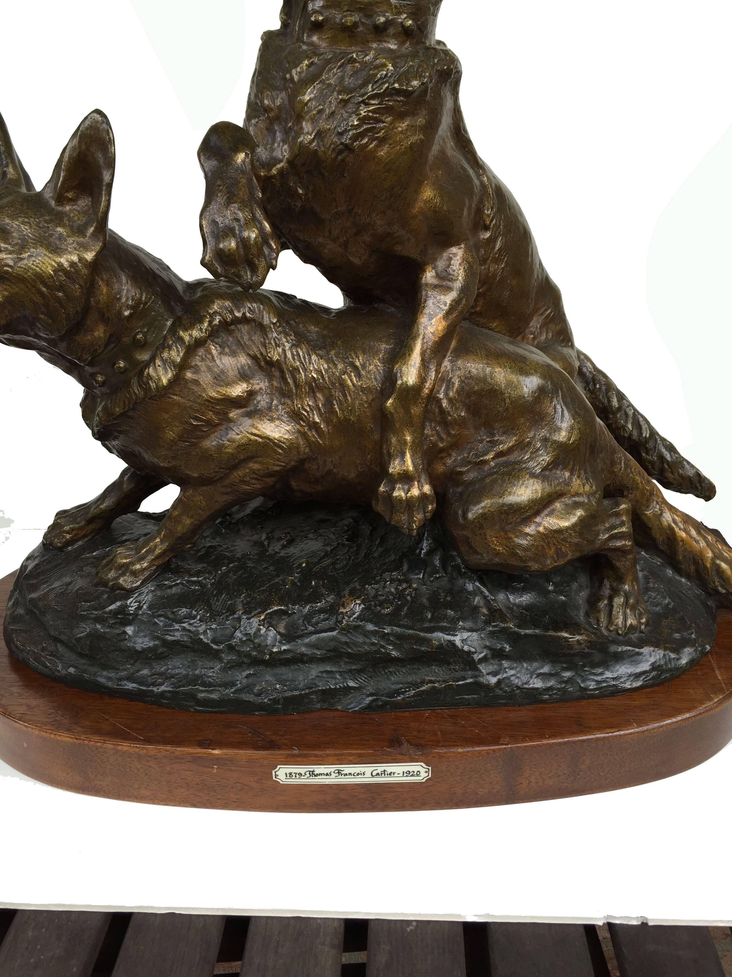 Carved French Thomas Francois Cartier Bronze Sculpture of Two Dogs For Sale