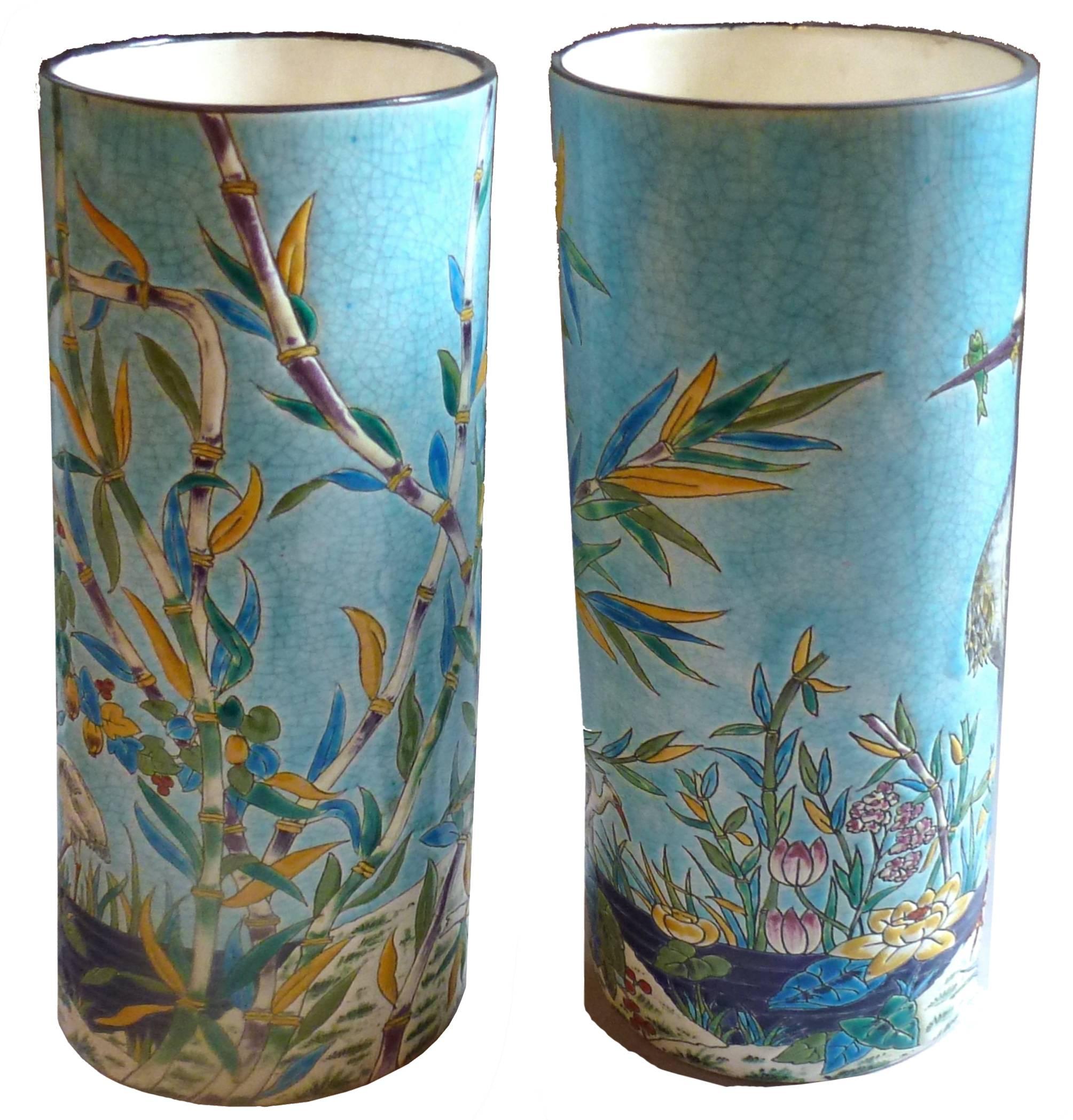 Enameled French Japonisme Longwy Pair of Faience Vases, circa 1885 For Sale