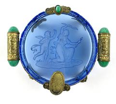 French Art Deco Etched Blue Glass Brass and Hardstone Chinoiserie Ashtray