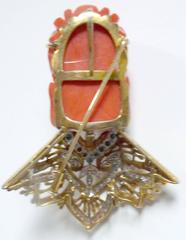 Carved Red Coral Guanyin, Diamond and 18-Karat Gold Brooch by Kevin H