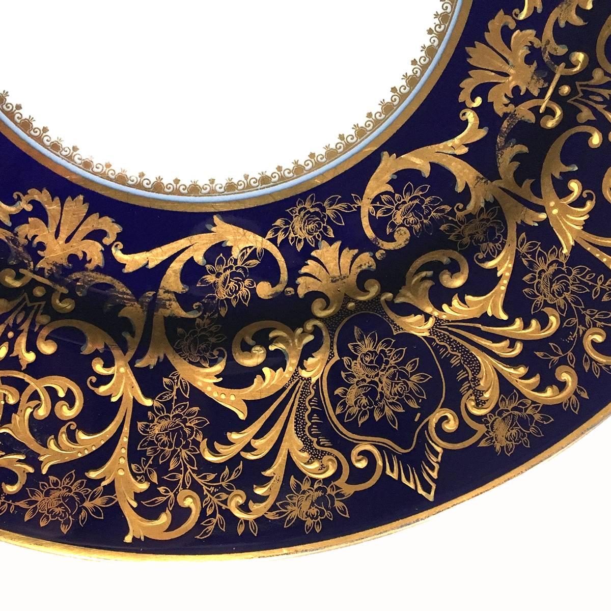 Rococo Revival Bernardaud & Co Limoges France Set of Four Porcelain Blue Gold Dinner Plates For Sale