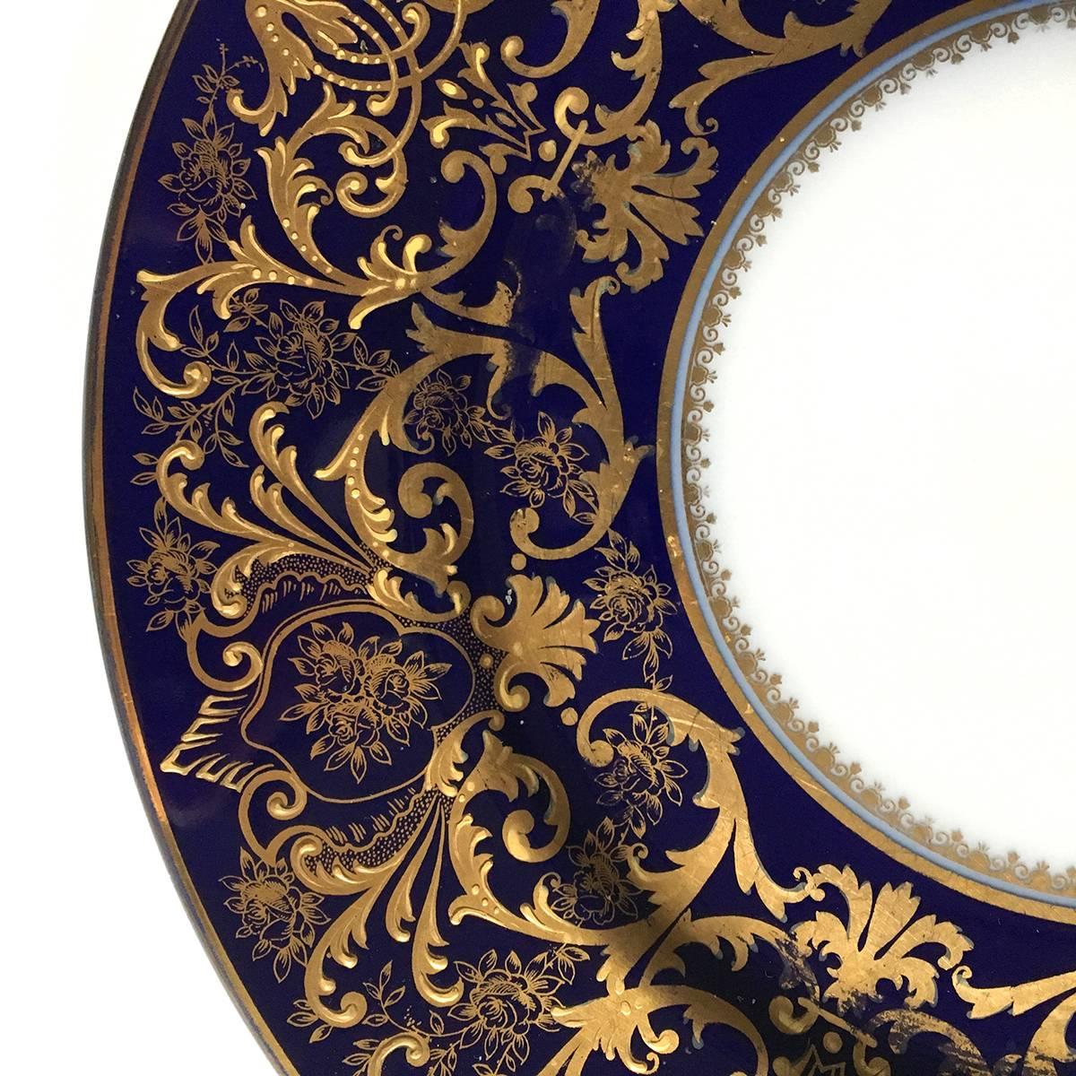 French Bernardaud & Co Limoges France Set of Four Porcelain Blue Gold Dinner Plates For Sale