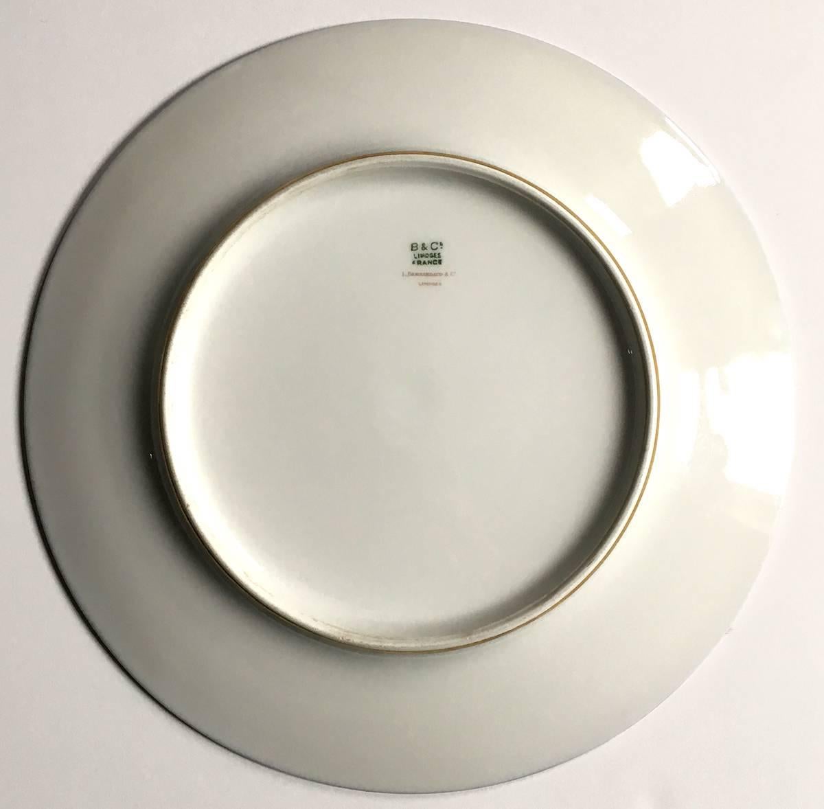 Gilt Bernardaud & Co Limoges France Set of Four Porcelain Blue Gold Dinner Plates For Sale