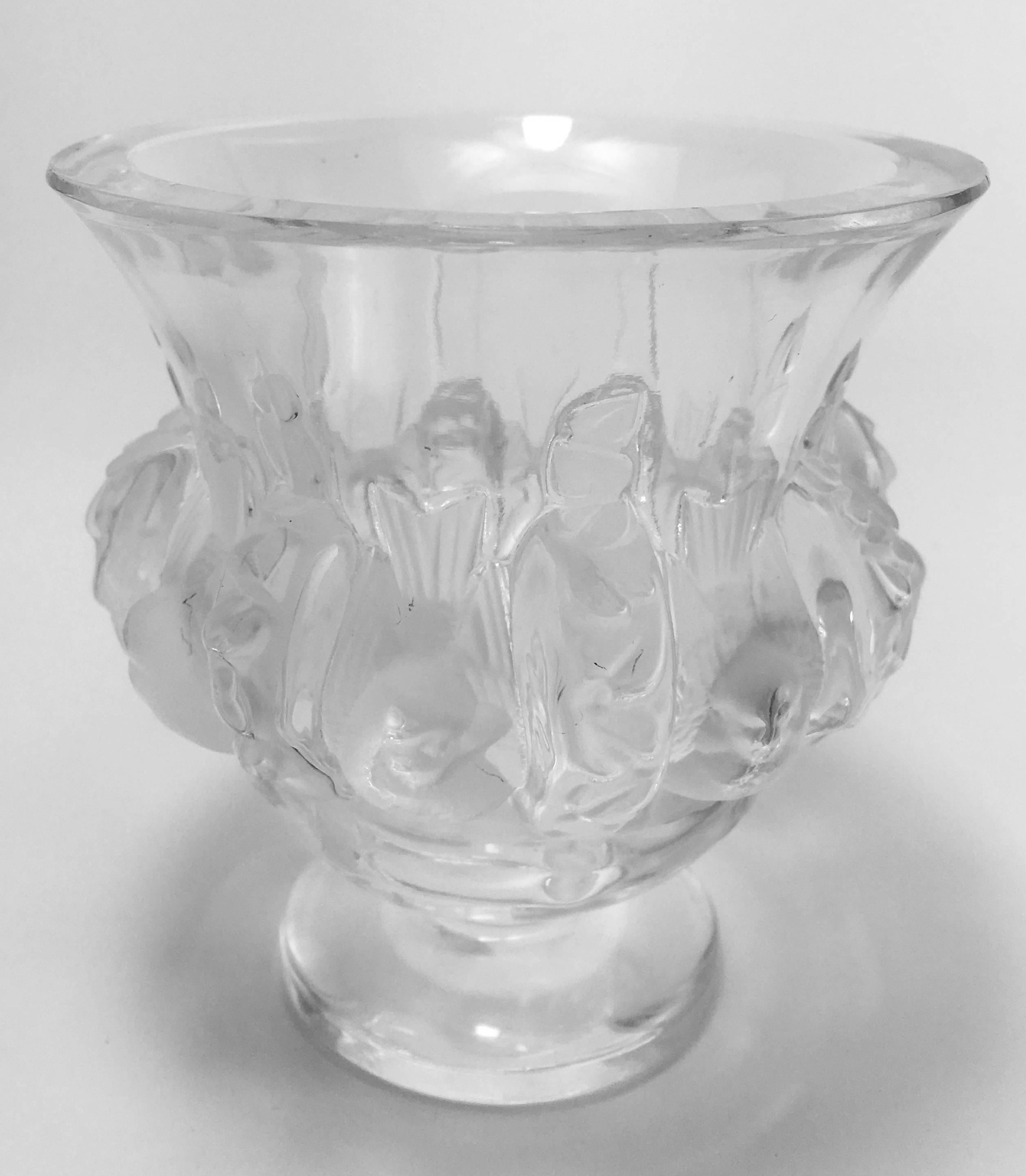 Molded French Art Deco Style Lalique Colorless and Frosted Crystal Dampierre Vase