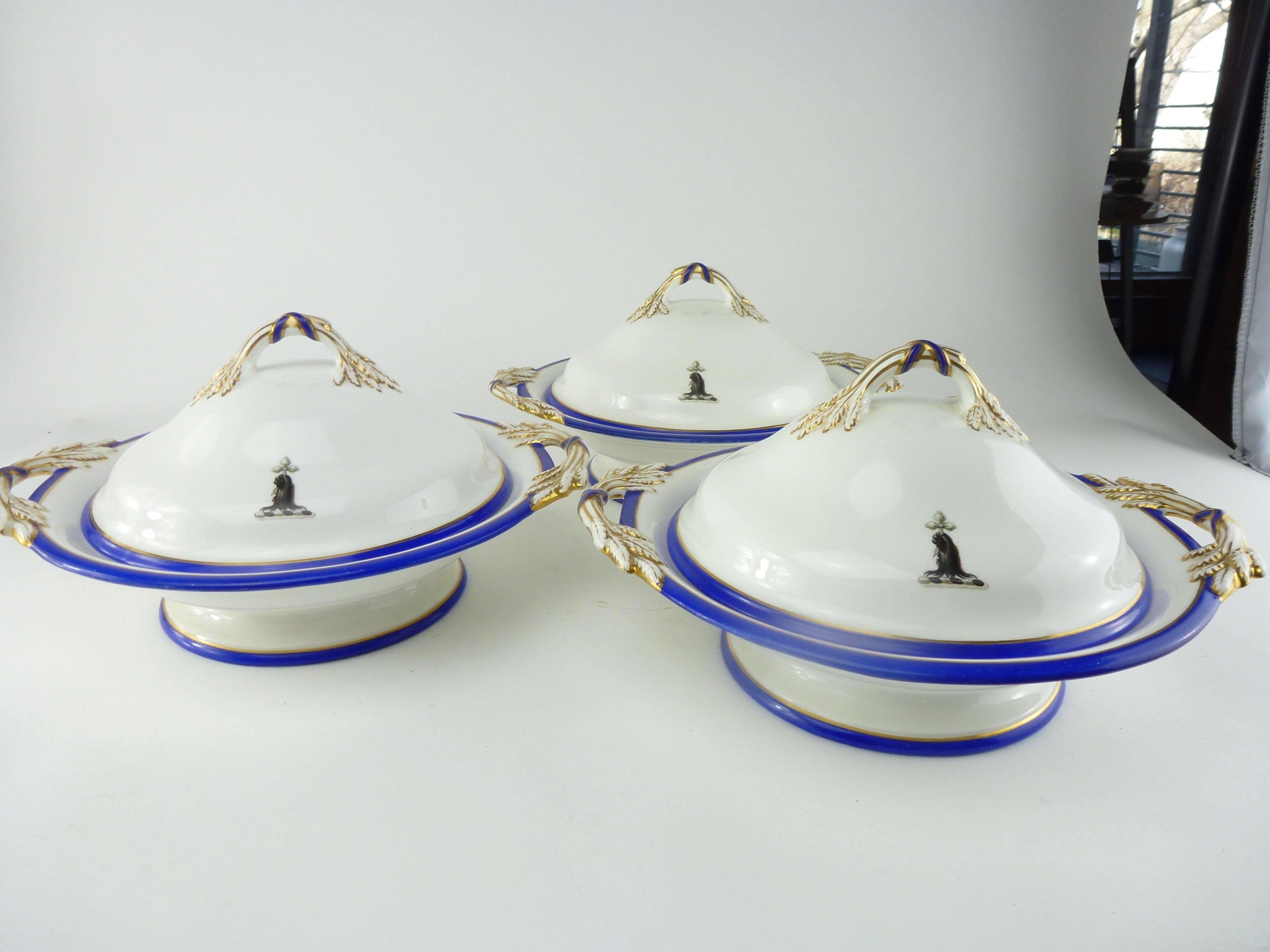 William IV Antique English Minton Bone China Suite of Three Covered Vegetable Tureens For Sale
