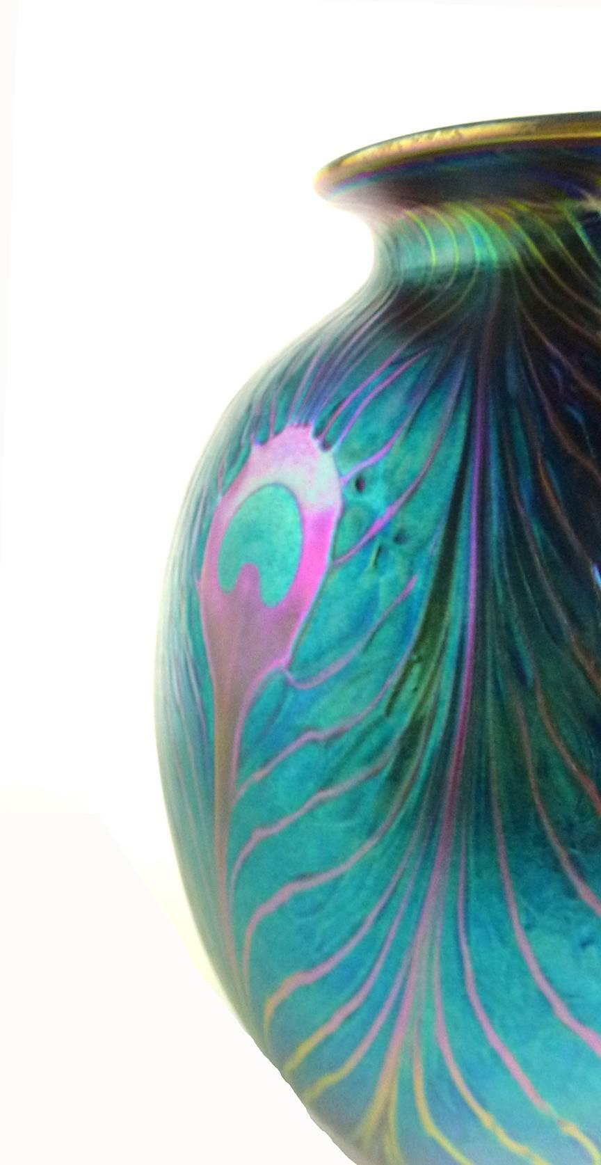 Egyptian Revival Charles Lotton Iridescent Blue Peacock Feather Studio Art Glass Vase For Sale
