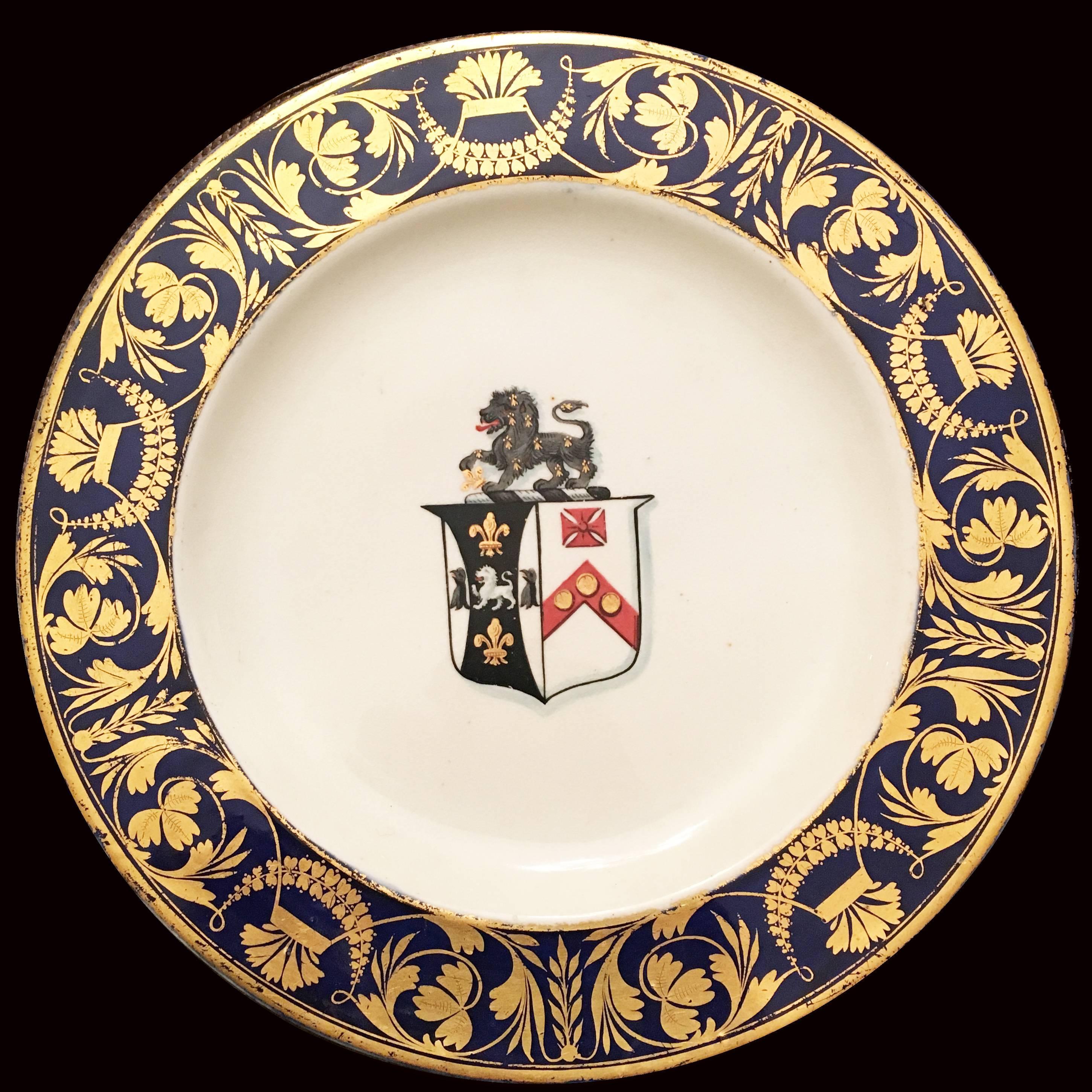 Neoclassical English Bloor Derby Porcelain Pair of Blue-Ground Armorial Dinner Plates For Sale