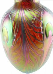 Charles Lotton Peacock Feather Studio Art Glass Red Gold Vase