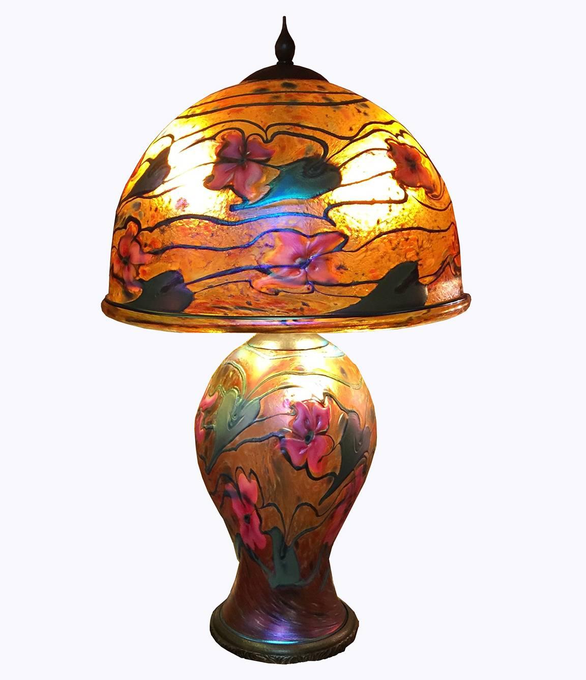 Beaux Arts Charles Lotton Contemporary Studio Art Blown Glass Orange Pink Table Lamp For Sale