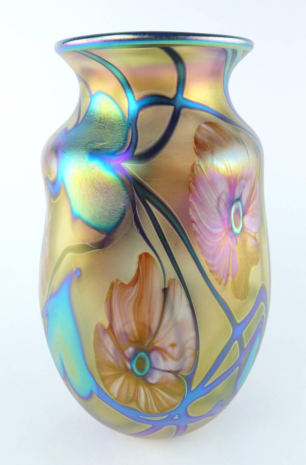 Beaux Arts Charles Lotton Studio Art Glass Vase Multi Flora Gold Iridescent, 2002 For Sale