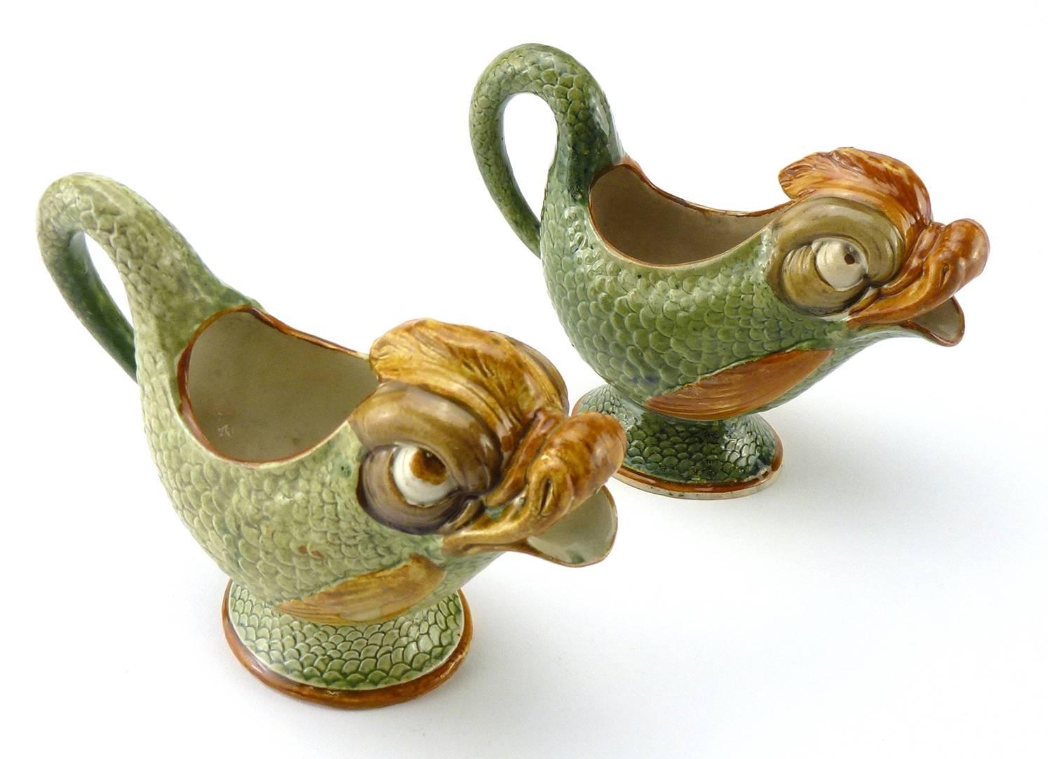 Neoclassical Matched Pair of English Staffordshire Pearlware Dolphin Cream Jugs, circa 1800 For Sale