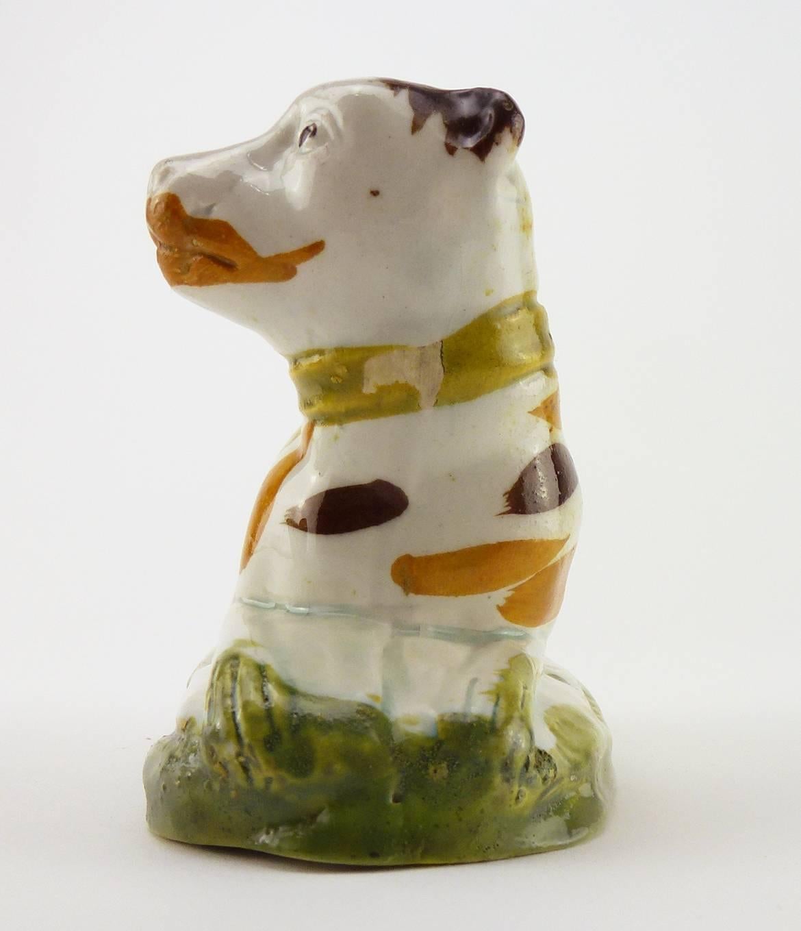 Rustic English Yorkshire Pearlware Prattware Figure of Recumbent Hound Dog For Sale