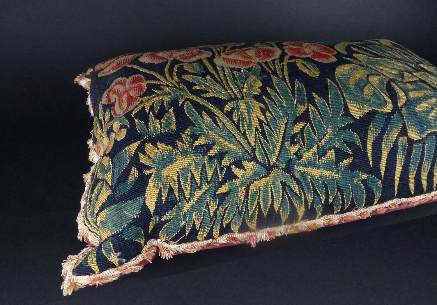 Belgian Tournai Gothic Silk and Wool Tapestry Floral Pillow of Rectangular Form