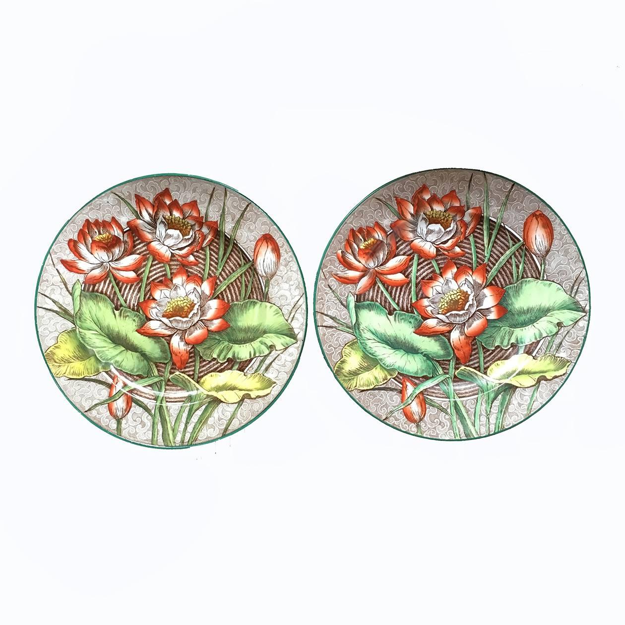 Enameled English Wedgwood Aesthetic Movement Dinner Plates in Water Lily Pattern